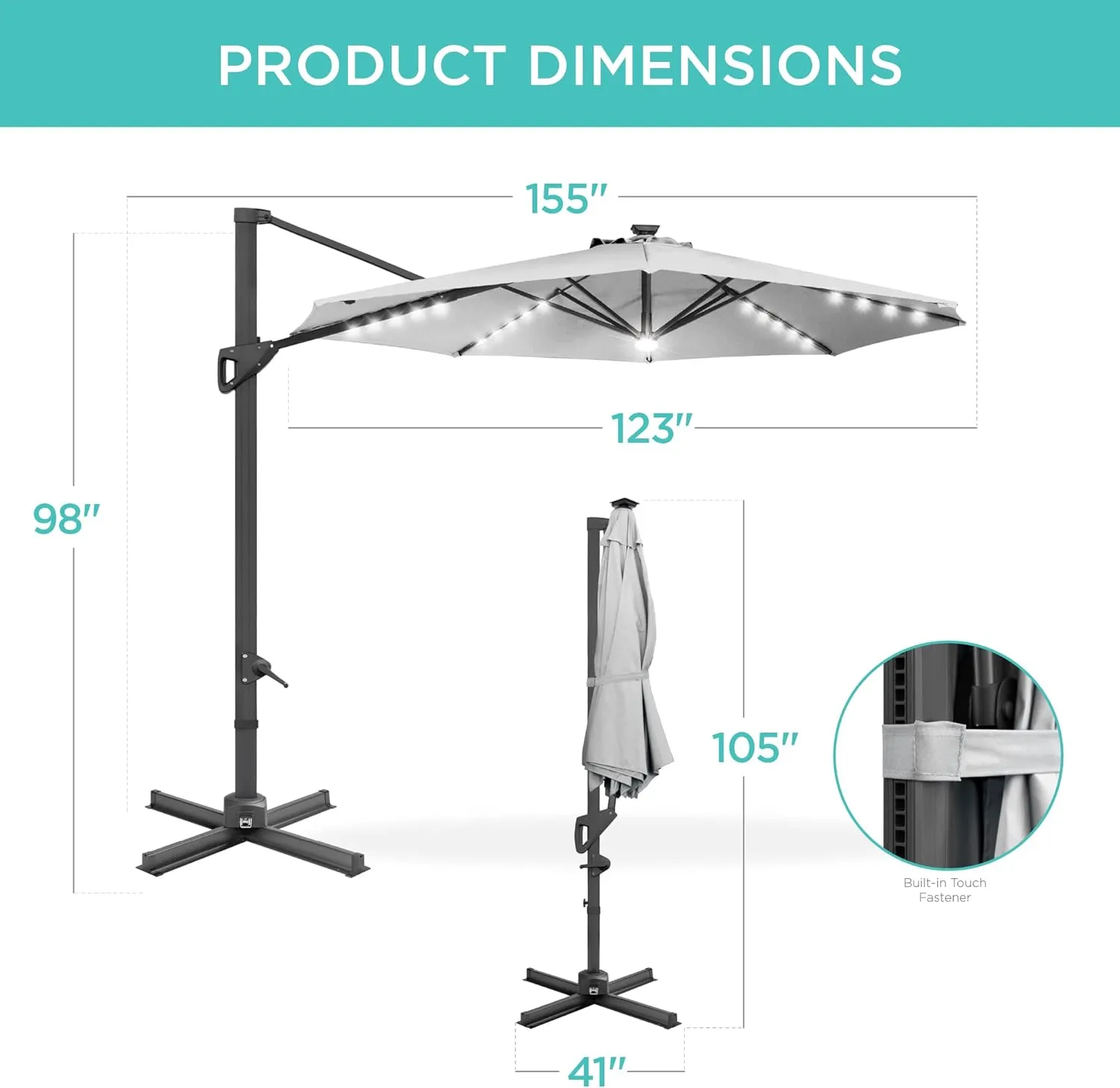 Best Choice Products 10ft Solar LED Cantilever Patio Umbrella, 360-Degree Rotation Hanging Offset Market Outdoor Sun Shade for Backyard, Deck, Poolside w/Lights, Easy Tilt, Cross Base - Fog Gray