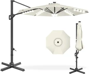 Best Choice Products 10ft Solar LED Cantilever Patio Umbrella, 360-Degree Rotation Hanging Offset Market Outdoor Sun Shade for Backyard, Deck, Poolside w/Lights, Easy Tilt, Cross Base - Ivory