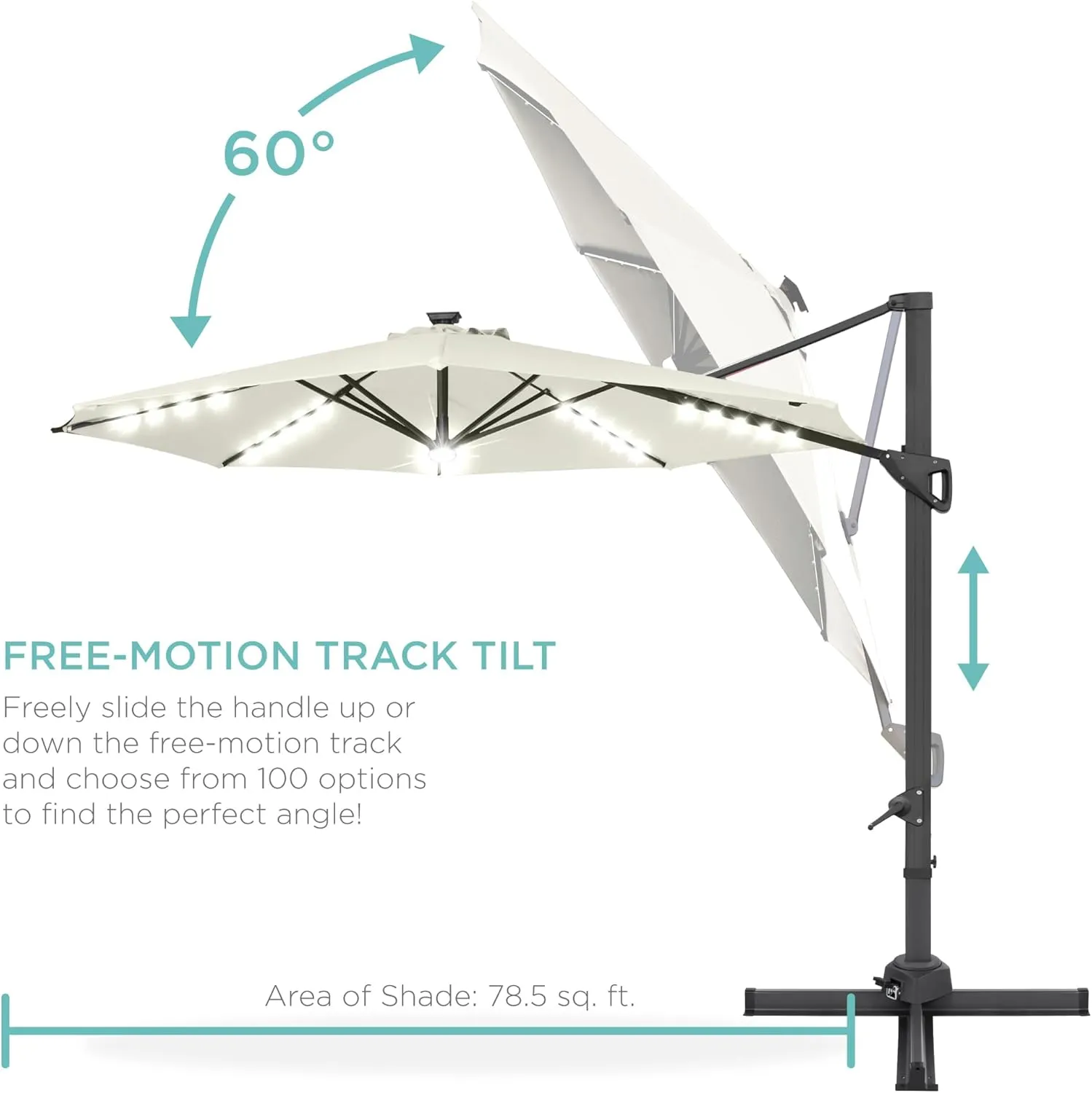 Best Choice Products 10ft Solar LED Cantilever Patio Umbrella, 360-Degree Rotation Hanging Offset Market Outdoor Sun Shade for Backyard, Deck, Poolside w/Lights, Easy Tilt, Cross Base - Ivory