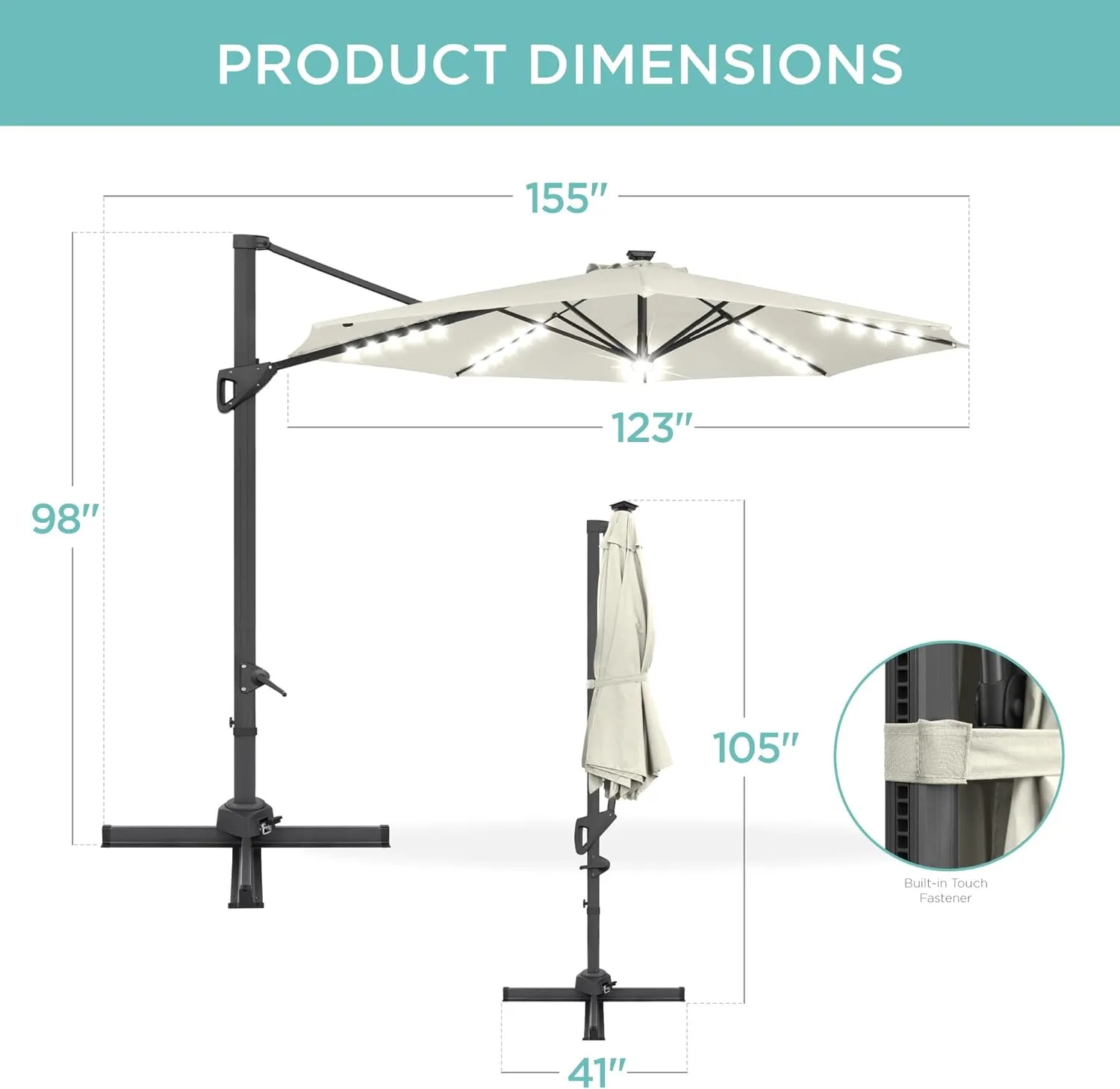 Best Choice Products 10ft Solar LED Cantilever Patio Umbrella, 360-Degree Rotation Hanging Offset Market Outdoor Sun Shade for Backyard, Deck, Poolside w/Lights, Easy Tilt, Cross Base - Ivory