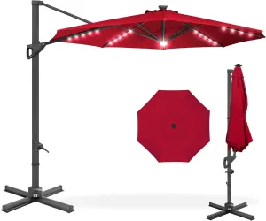 Best Choice Products 10ft Solar LED Cantilever Patio Umbrella, 360-Degree Rotation Hanging Offset Market Outdoor Sun Shade for Backyard, Deck, Poolside w/Lights, Easy Tilt, Cross Base - Red