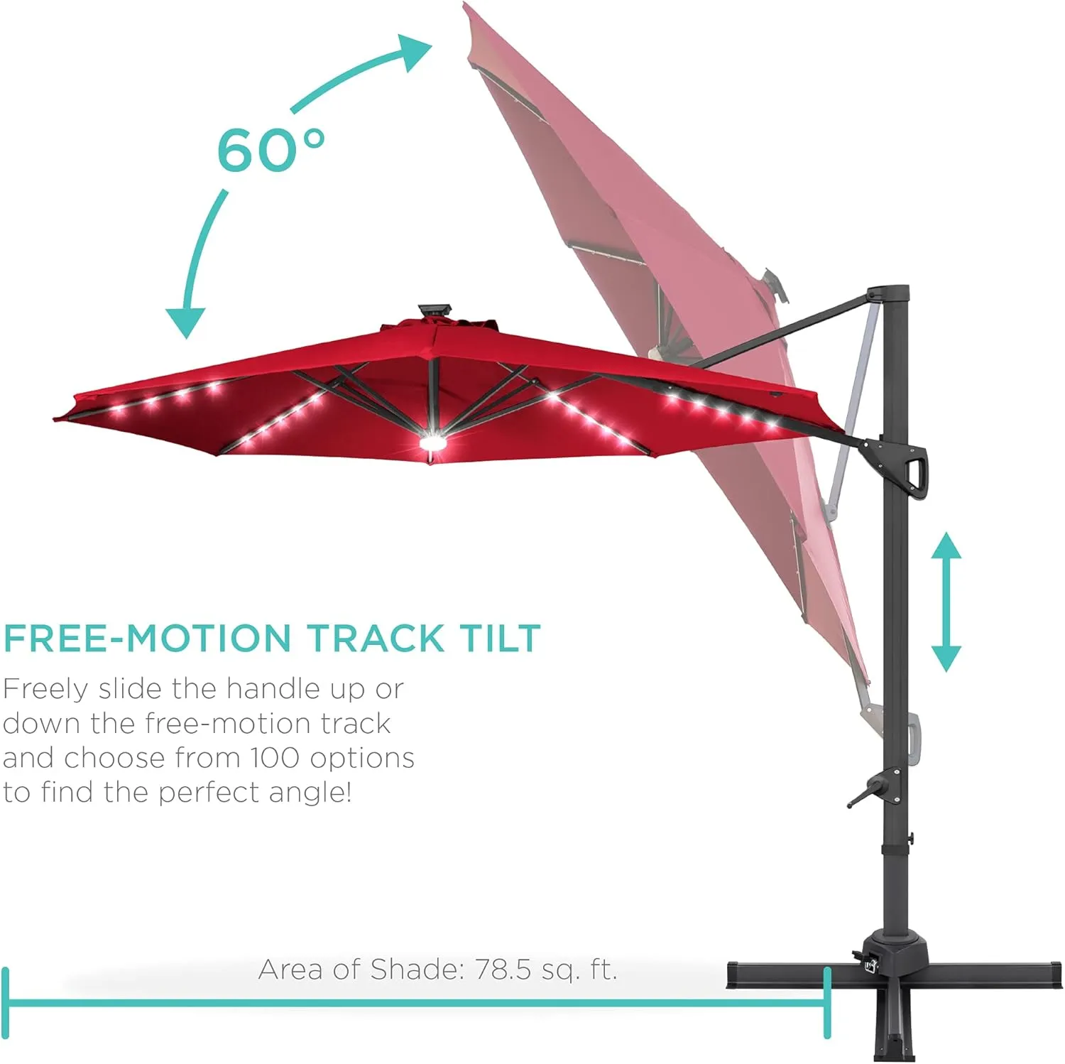 Best Choice Products 10ft Solar LED Cantilever Patio Umbrella, 360-Degree Rotation Hanging Offset Market Outdoor Sun Shade for Backyard, Deck, Poolside w/Lights, Easy Tilt, Cross Base - Red