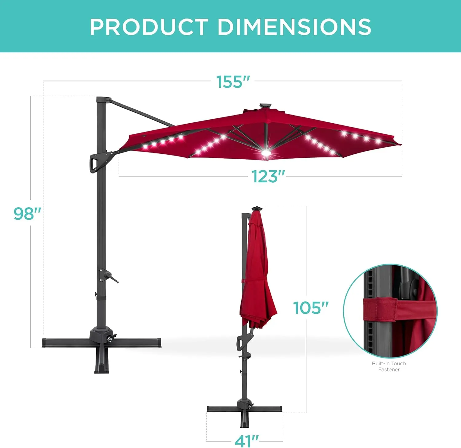 Best Choice Products 10ft Solar LED Cantilever Patio Umbrella, 360-Degree Rotation Hanging Offset Market Outdoor Sun Shade for Backyard, Deck, Poolside w/Lights, Easy Tilt, Cross Base - Red