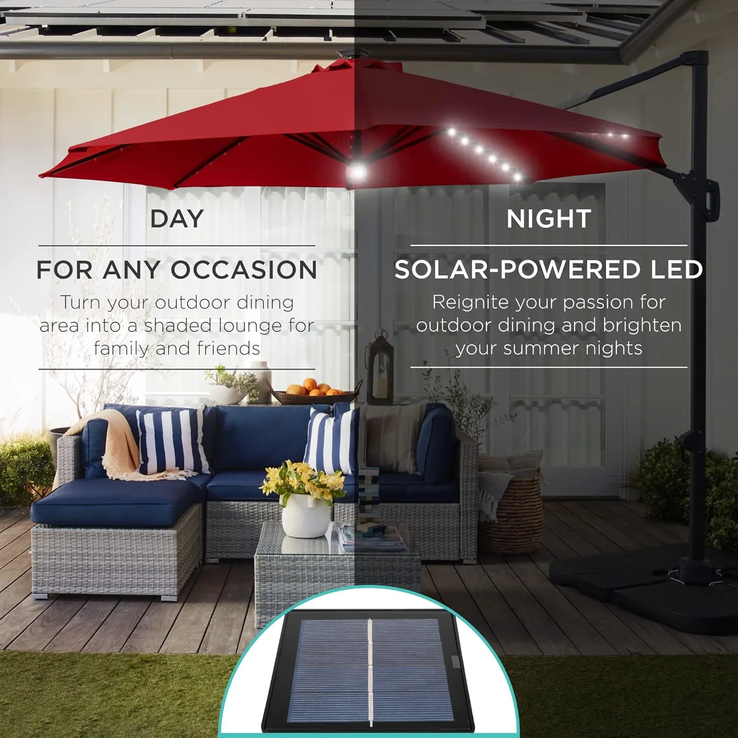 Best Choice Products 10ft Solar LED Cantilever Patio Umbrella, 360-Degree Rotation Hanging Offset Market Outdoor Sun Shade for Backyard, Deck, Poolside w/Lights, Easy Tilt, Cross Base - Red