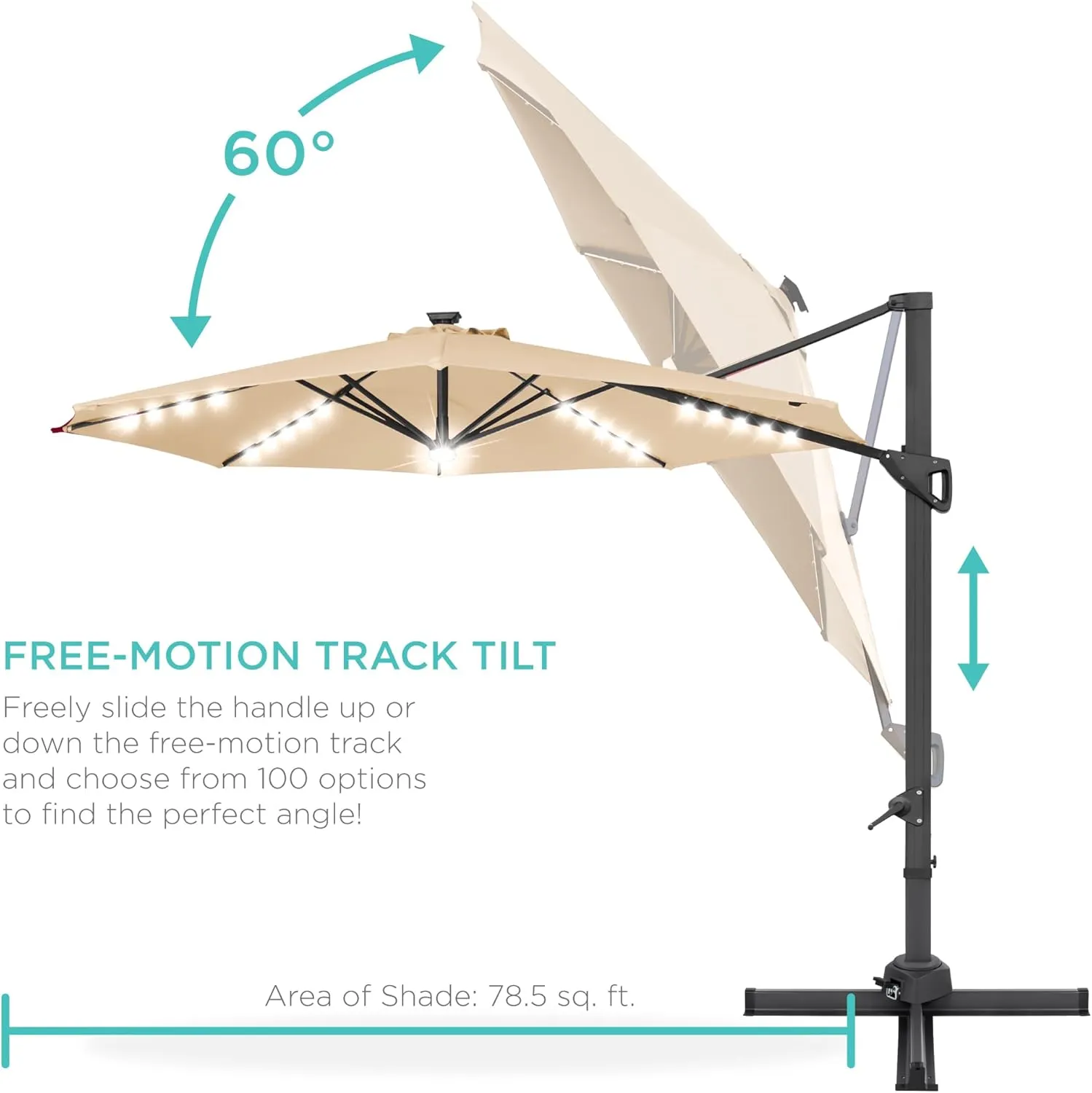 Best Choice Products 10ft Solar LED Cantilever Patio Umbrella, 360-Degree Rotation Hanging Offset Market Outdoor Sun Shade for Backyard, Deck, Poolside w/Lights, Easy Tilt, Cross Base - Sand