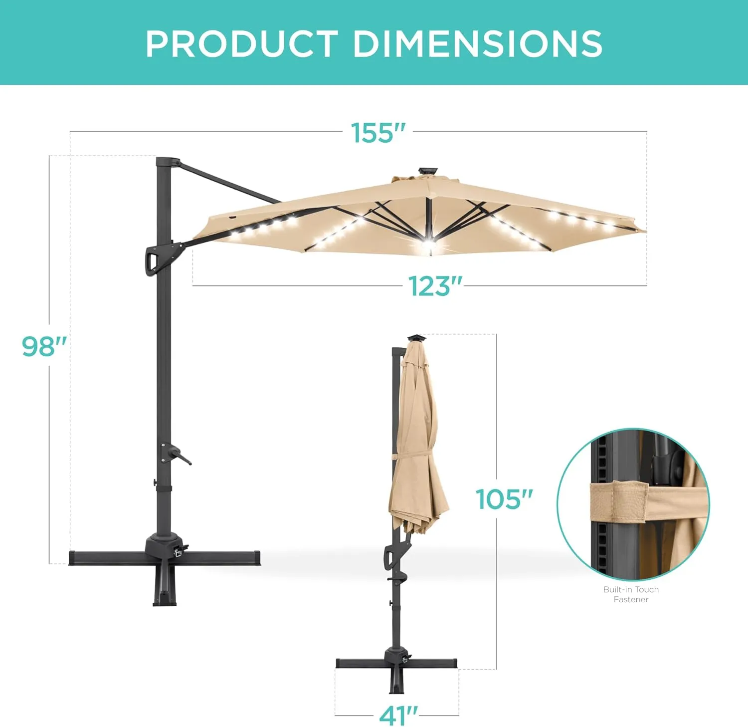 Best Choice Products 10ft Solar LED Cantilever Patio Umbrella, 360-Degree Rotation Hanging Offset Market Outdoor Sun Shade for Backyard, Deck, Poolside w/Lights, Easy Tilt, Cross Base - Sand