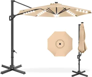 Best Choice Products 10ft Solar LED Cantilever Patio Umbrella, 360-Degree Rotation Hanging Offset Market Outdoor Sun Shade for Backyard, Deck, Poolside w/Lights, Easy Tilt, Cross Base - Sand