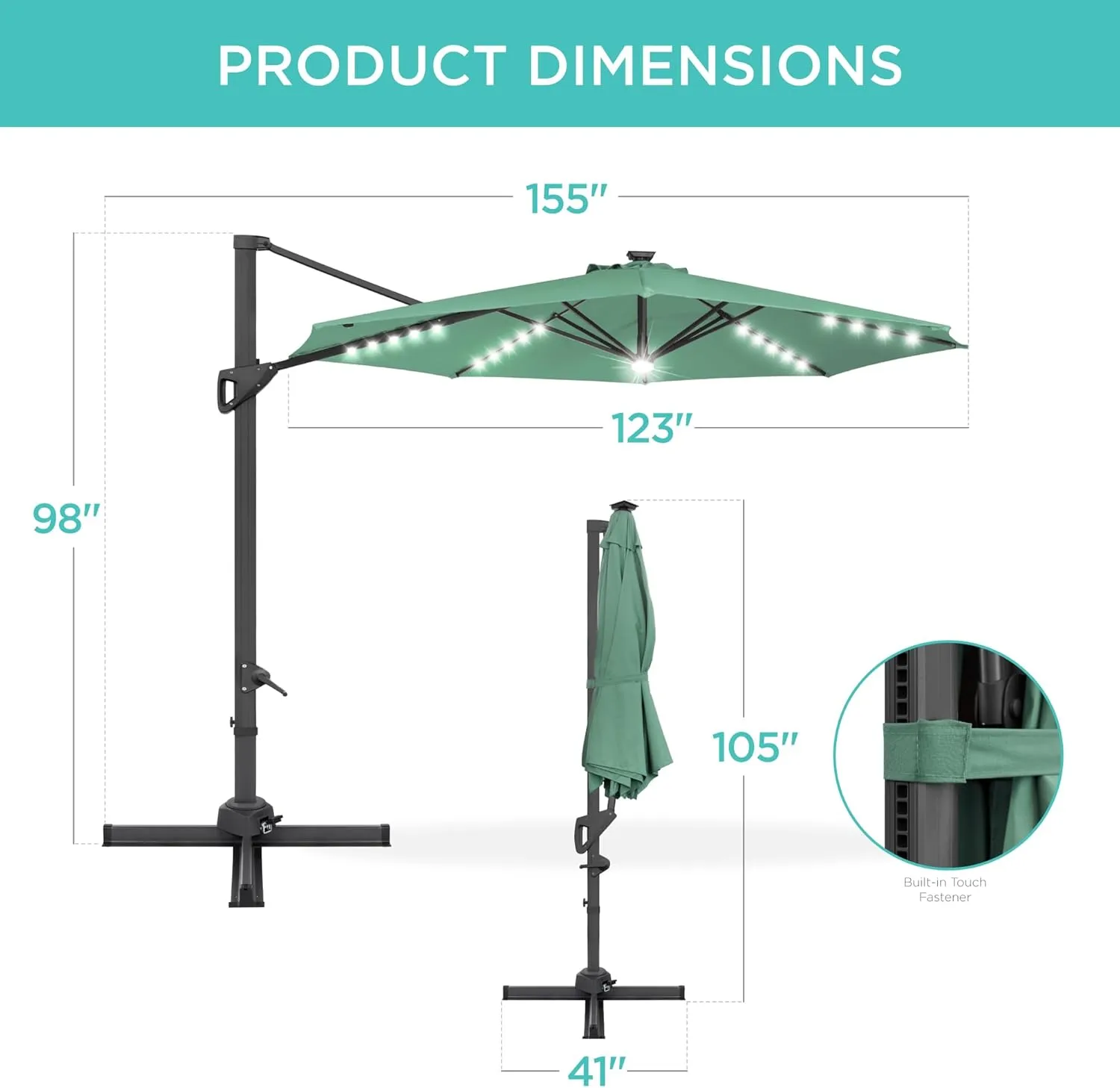 Best Choice Products 10ft Solar LED Cantilever Patio Umbrella, 360-Degree Rotation Hanging Offset Market Outdoor Sun Shade for Backyard, Deck, Poolside w/Lights, Easy Tilt, Cross Base - Seaglass