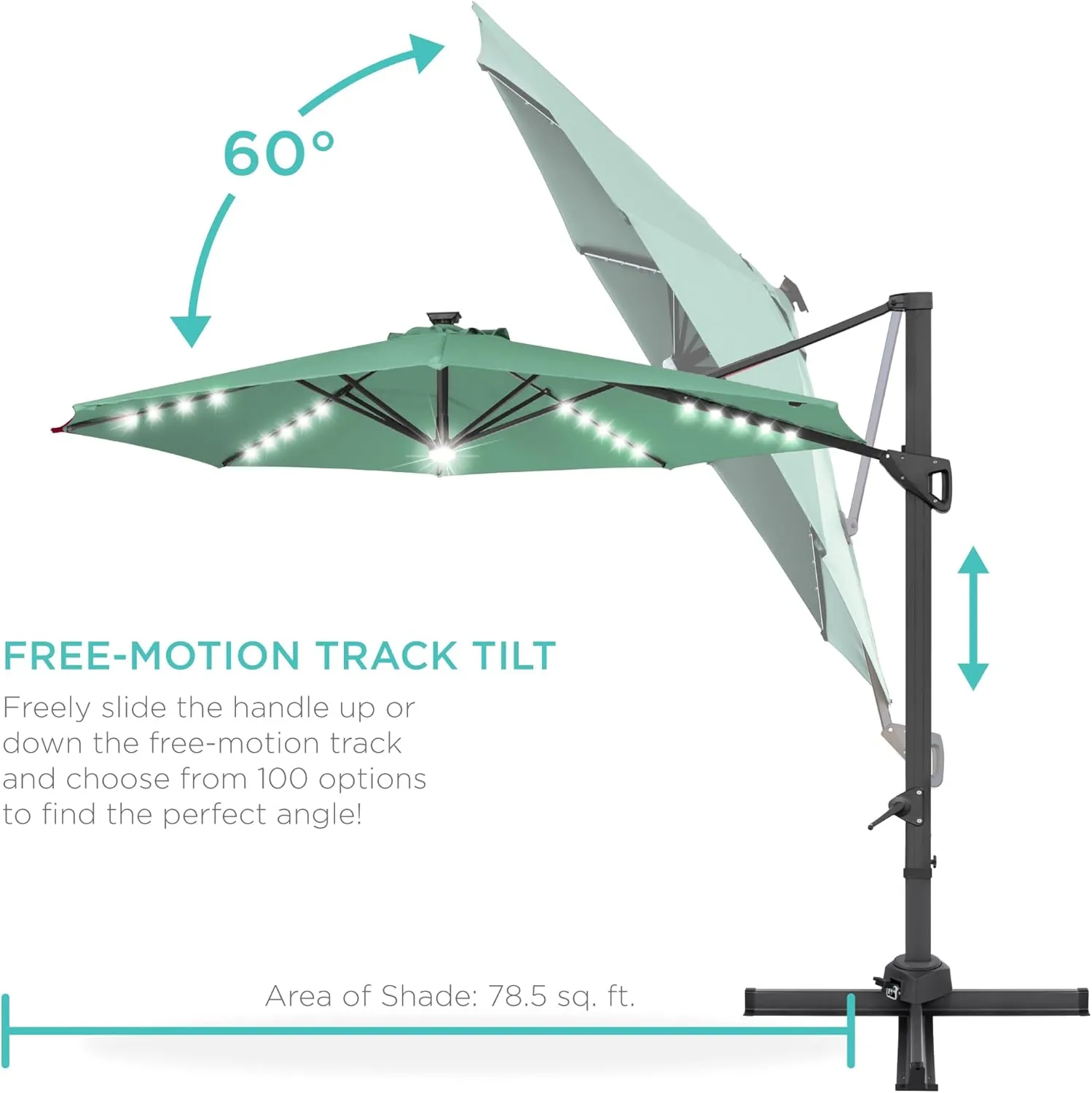 Best Choice Products 10ft Solar LED Cantilever Patio Umbrella, 360-Degree Rotation Hanging Offset Market Outdoor Sun Shade for Backyard, Deck, Poolside w/Lights, Easy Tilt, Cross Base - Seaglass
