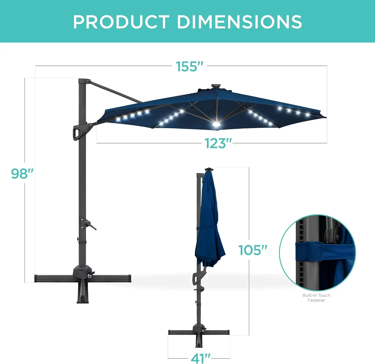Best Choice Products 10ft Solar LED Cantilever Patio Umbrella, 360-Degree Rotation Hanging Offset Market Outdoor Sun Shade for Backyard, Deck, Poolside w/Lights, Easy Tilt, Cross Base
