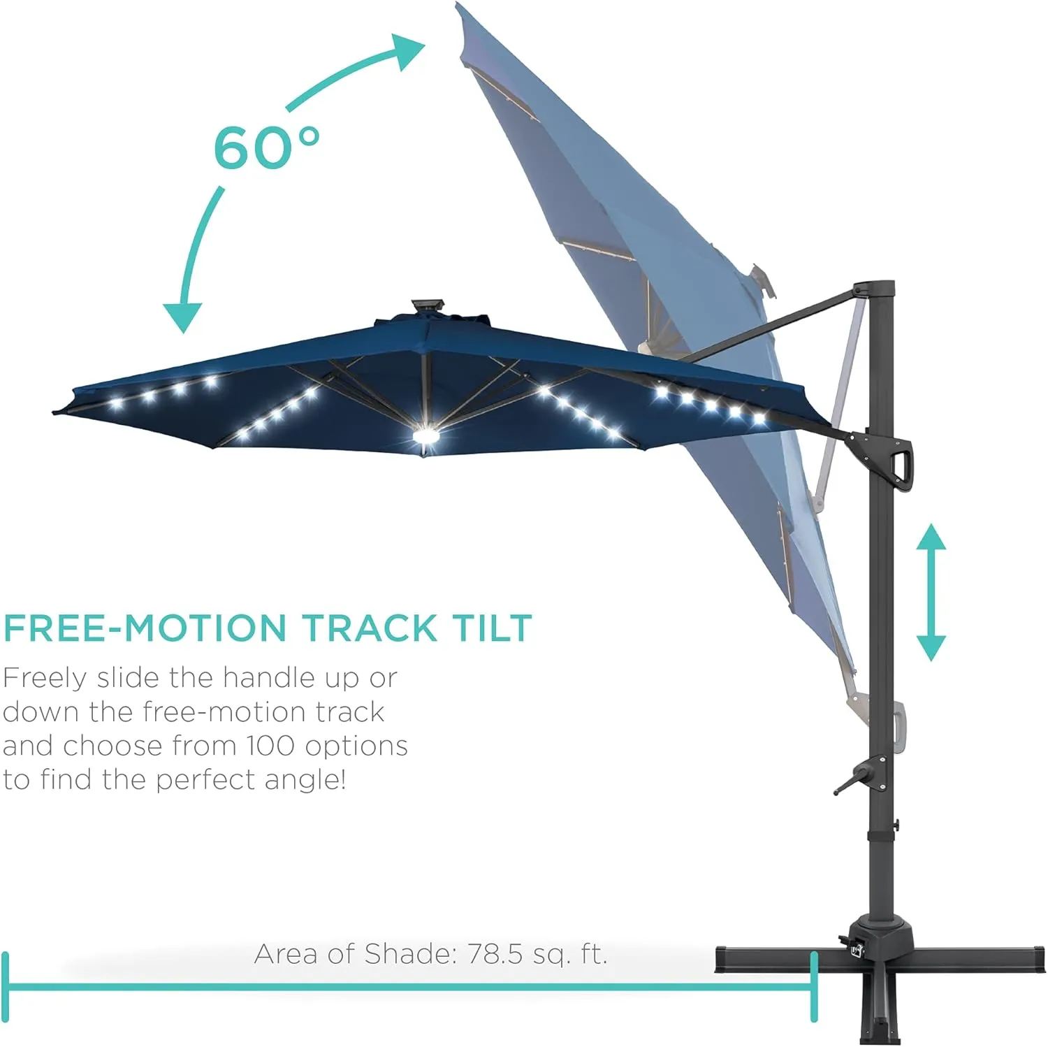 Best Choice Products 10ft Solar LED Cantilever Patio Umbrella, 360-Degree Rotation Hanging Offset Market Outdoor Sun Shade for Backyard, Deck, Poolside w/Lights, Easy Tilt, Cross Base