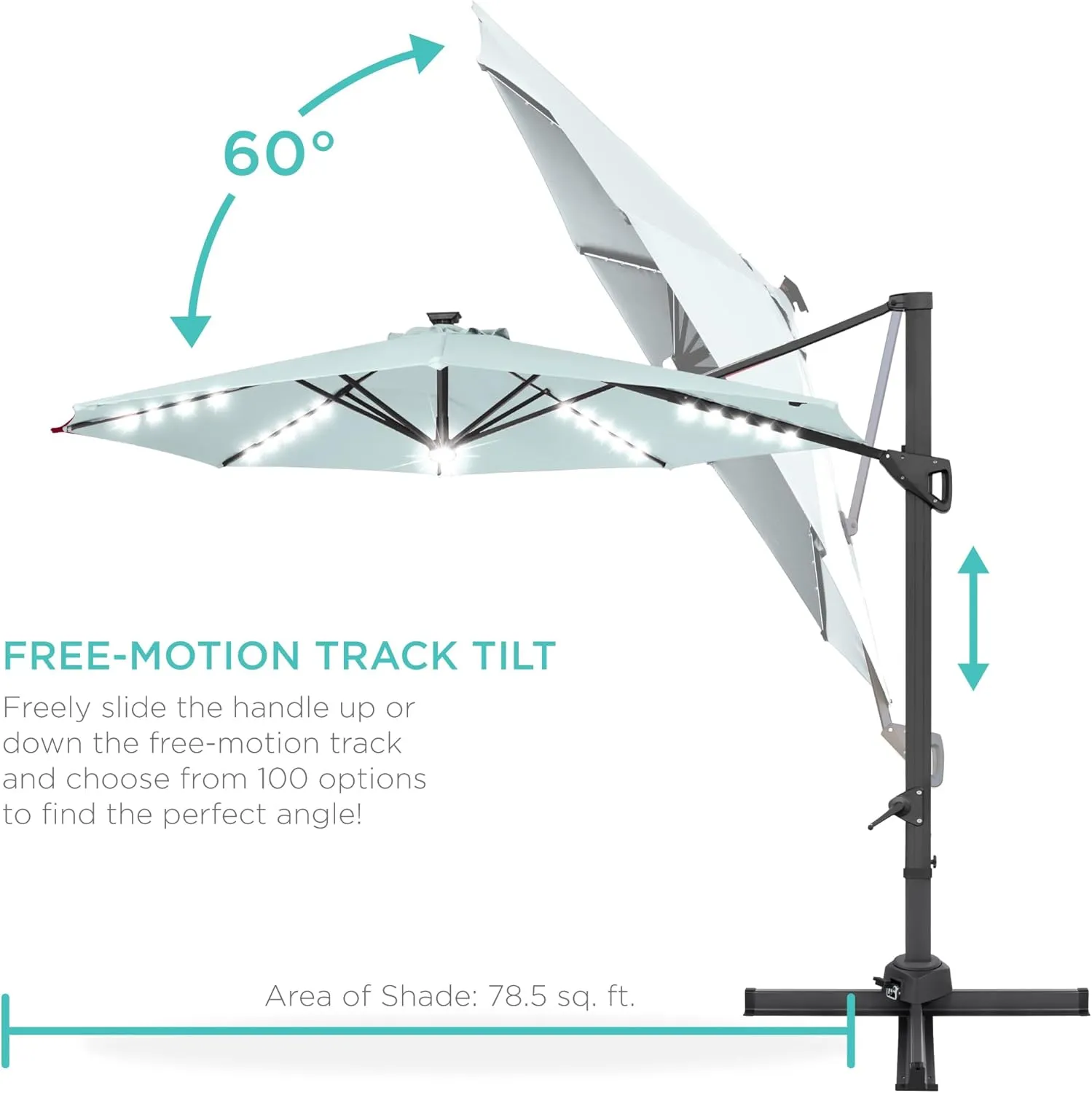 Best Choice Products 10ft Solar LED Cantilever Patio Umbrella, 360-Degree Rotation Hanging Offset Market Outdoor Sun Shade for Backyard, Deck, Poolside w/Lights, Easy Tilt, Cross Base