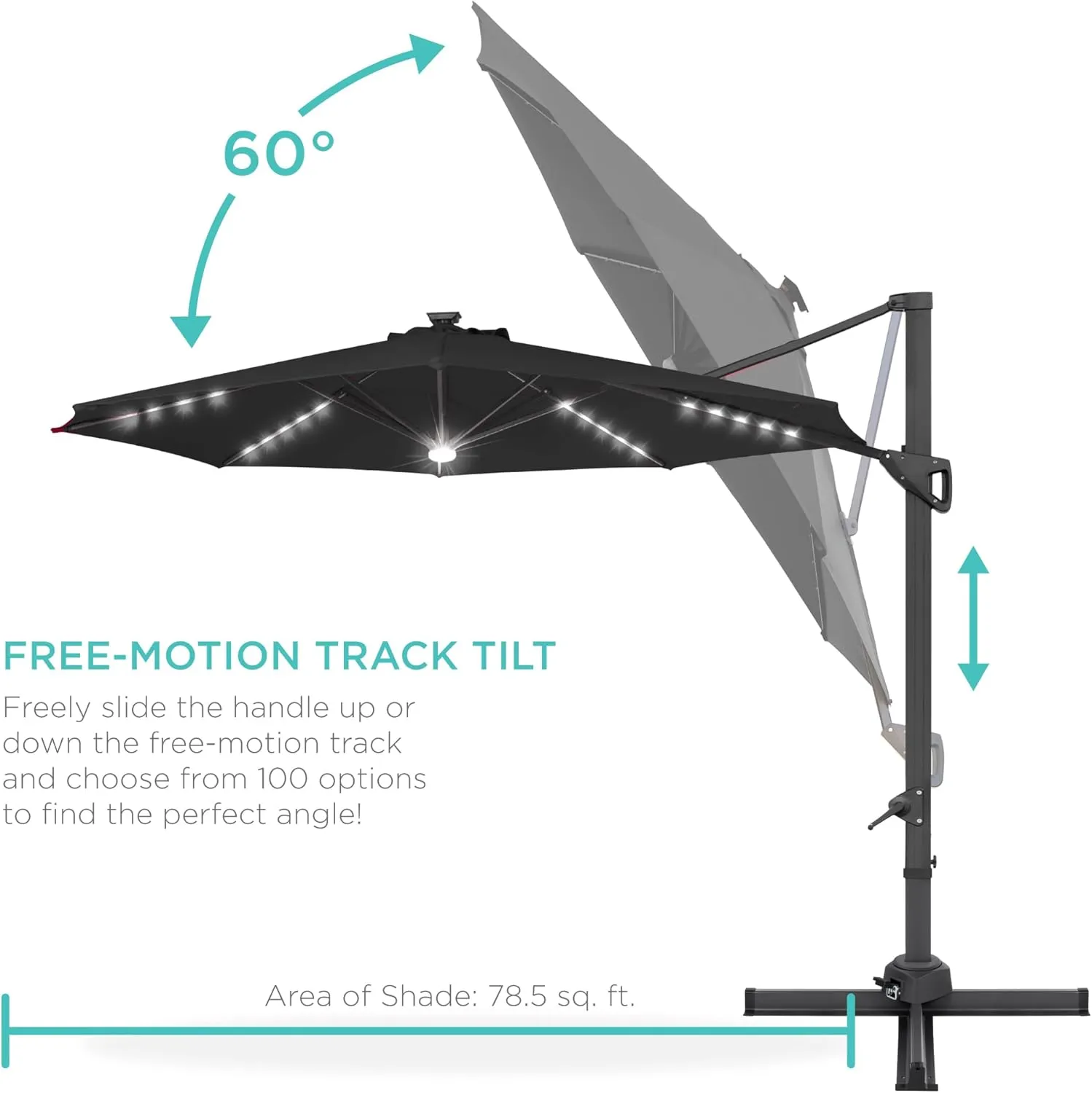 Best Choice Products 10ft Solar LED Cantilever Patio Umbrella, 360-Degree Rotation Hanging Offset Market Outdoor Sun Shade for Backyard, Deck, Poolside w/Lights, Easy Tilt, Cross Base