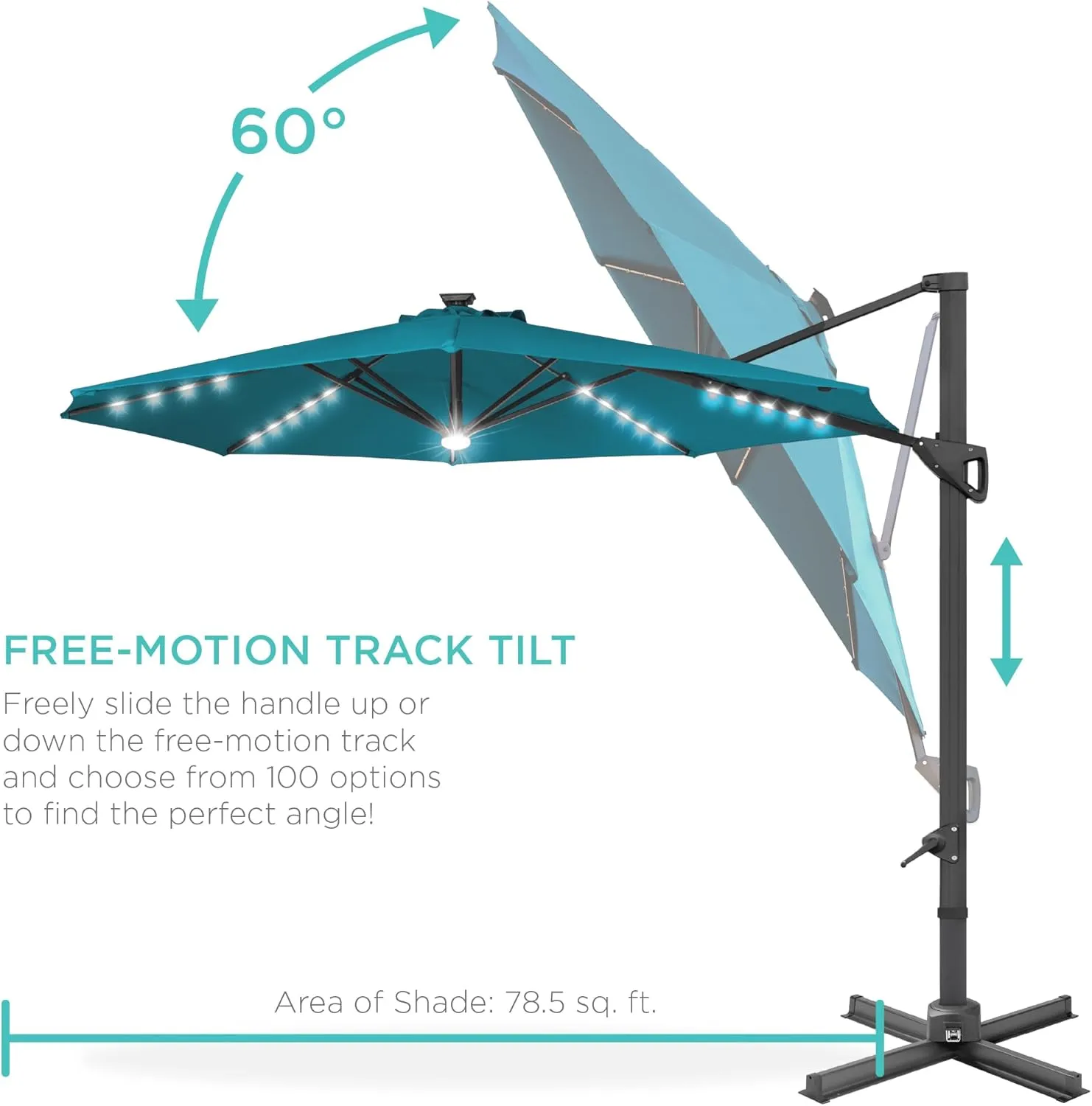 Best Choice Products 10ft Solar LED Cantilever Patio Umbrella, 360-Degree Rotation Hanging Offset Market Outdoor Sun Shade for Backyard, Deck, Poolside w/Lights, Easy Tilt, Cross Base