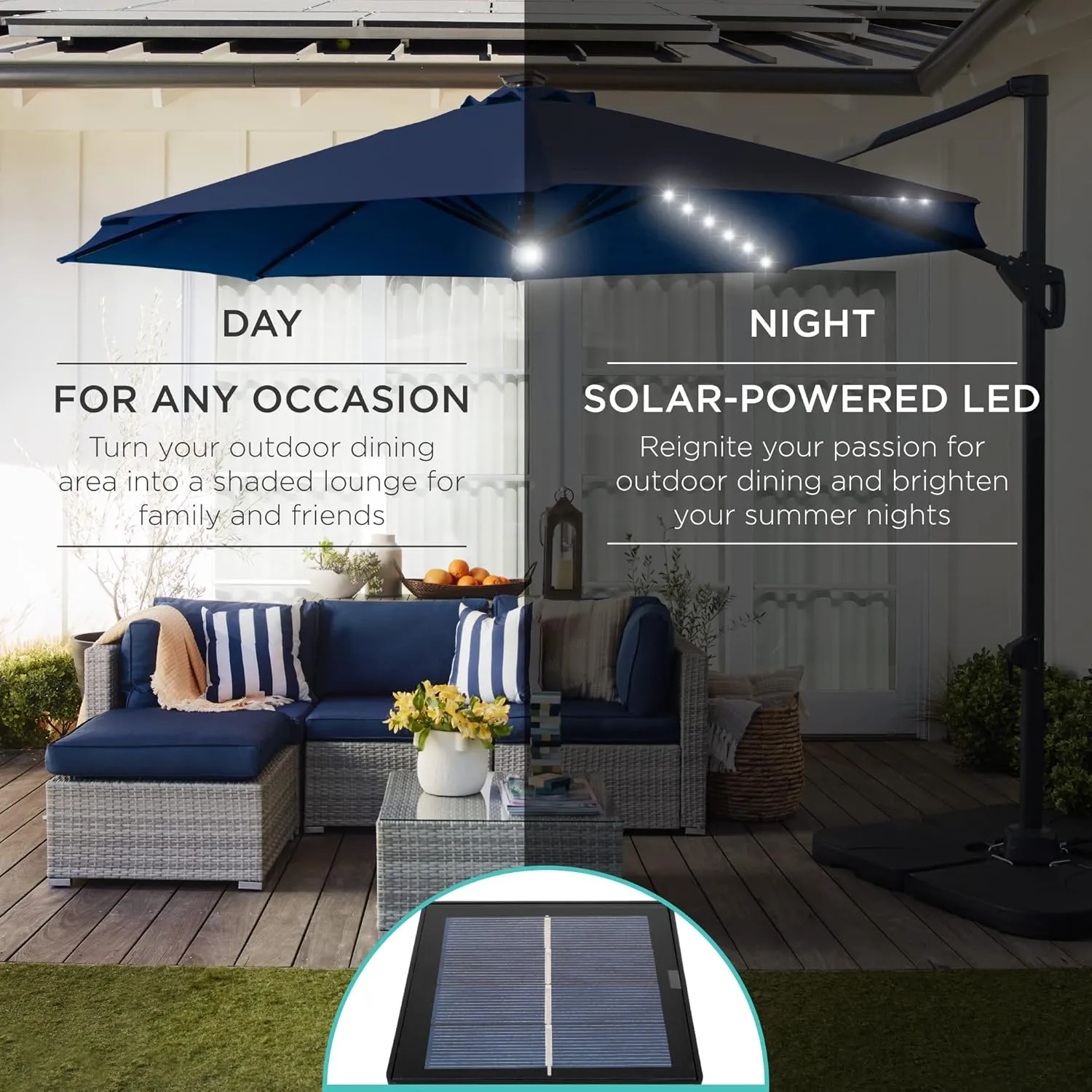 Best Choice Products 10ft Solar LED Cantilever Patio Umbrella, 360-Degree Rotation Hanging Offset Market Outdoor Sun Shade for Backyard, Deck, Poolside w/Lights, Easy Tilt, Cross Base