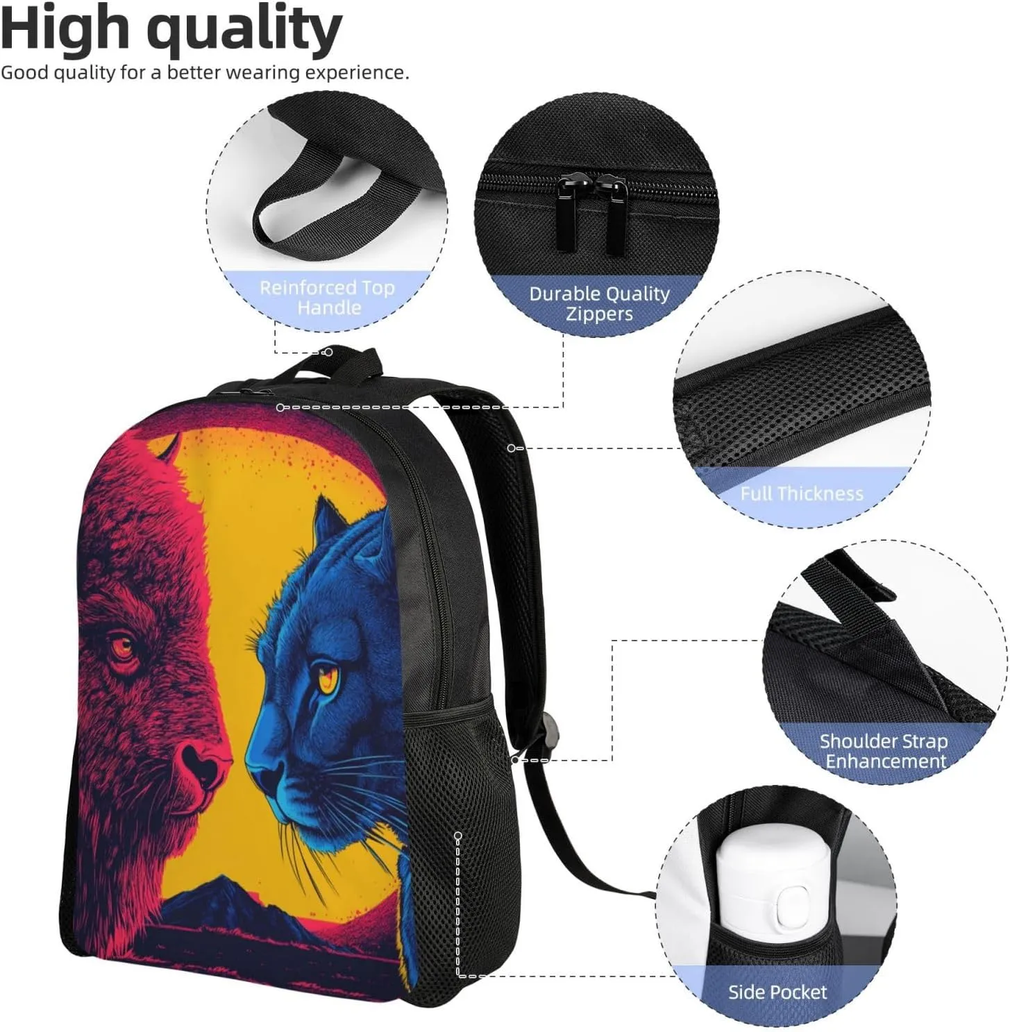 Bison Blue Cougar Backpack Waterproof Anti Theft Durable Light Laptop Bag Backpacks For Women Men Travel Gym Backpack