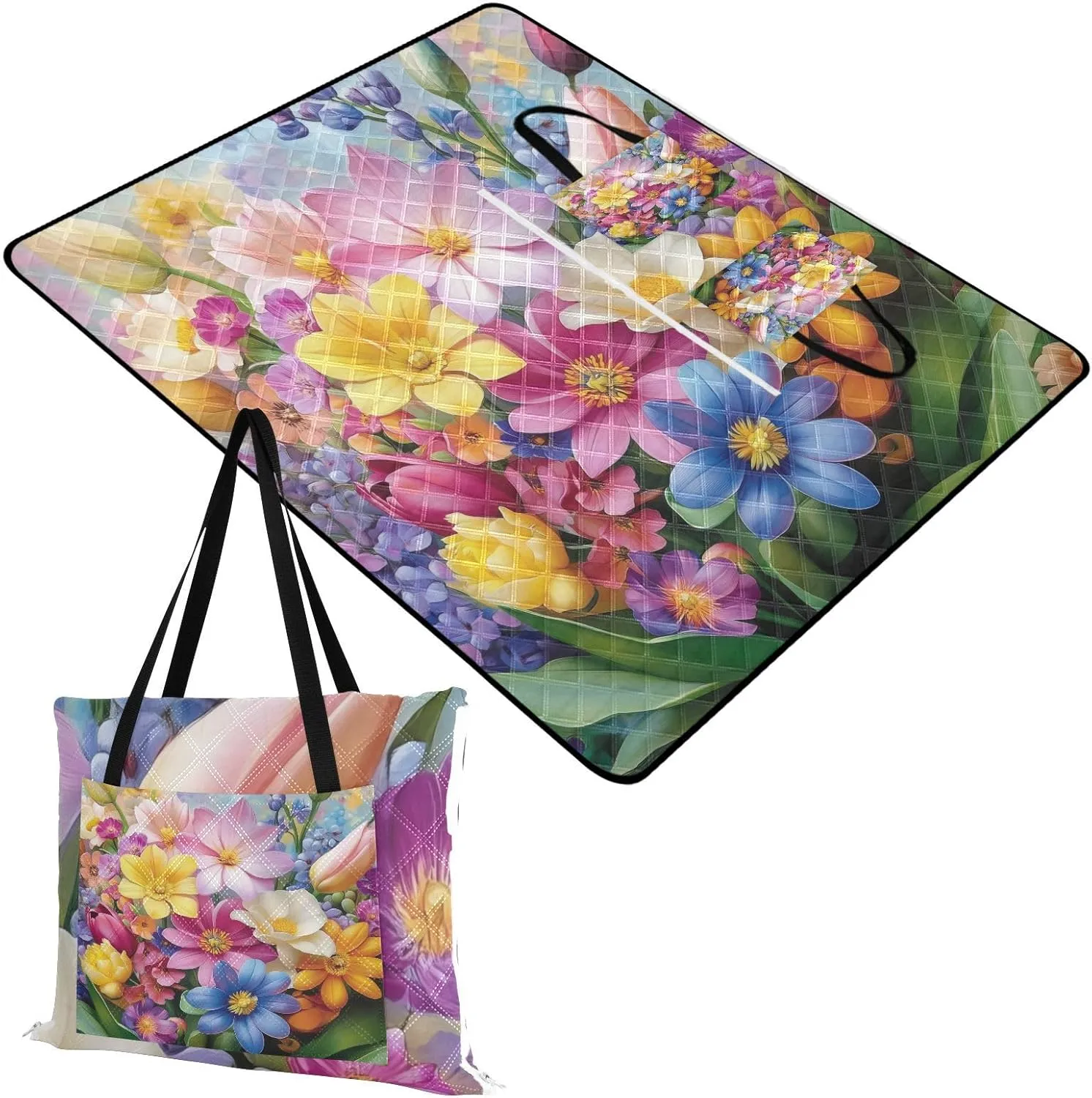 Blooming Roses Lavender and Peony with Leaves Picnic Blankets - Extra Large Waterproof Foldable Portable Picnic Blanket, 60"x80" Beach Blanket Outdoor Mat for Grass Park, Hiking, Travel