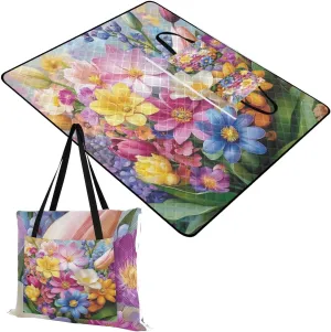 Blooming Roses Lavender and Peony with Leaves Picnic Blankets - Extra Large Waterproof Foldable Portable Picnic Blanket, 60"x80" Beach Blanket Outdoor Mat for Grass Park, Hiking, Travel