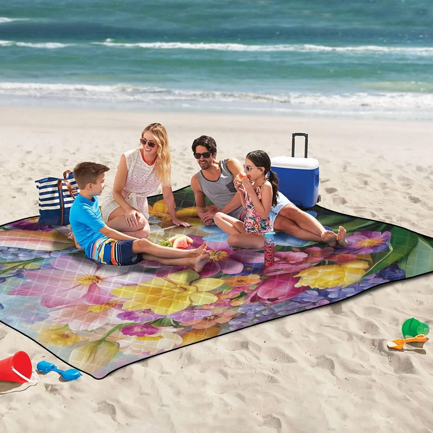 Blooming Roses Lavender and Peony with Leaves Picnic Blankets - Extra Large Waterproof Foldable Portable Picnic Blanket, 60"x80" Beach Blanket Outdoor Mat for Grass Park, Hiking, Travel