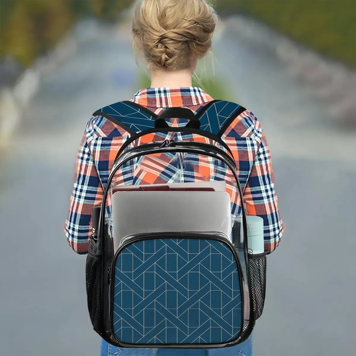 Blue Geometric Clear Backpack Stadium Approved Heavy Duty Transparent Backpack for Women Men Large PVC See Through Bag for Sports Event Concert Festival Work Travel