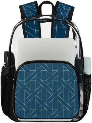 Blue Geometric Clear Backpack Stadium Approved Heavy Duty Transparent Backpack for Women Men Large PVC See Through Bag for Sports Event Concert Festival Work Travel