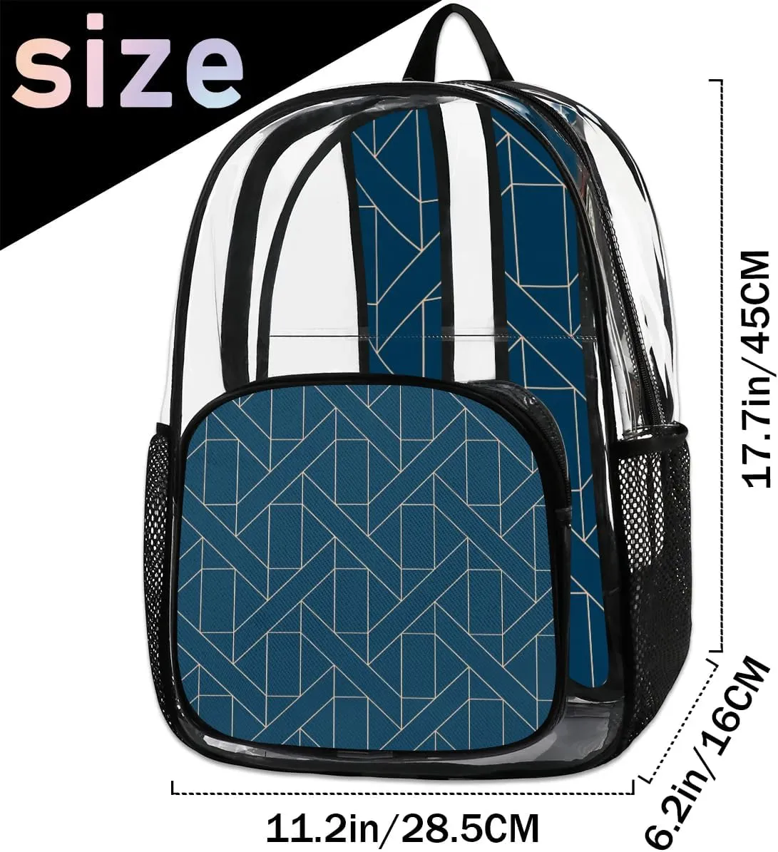 Blue Geometric Clear Backpack Stadium Approved Heavy Duty Transparent Backpack for Women Men Large PVC See Through Bag for Sports Event Concert Festival Work Travel
