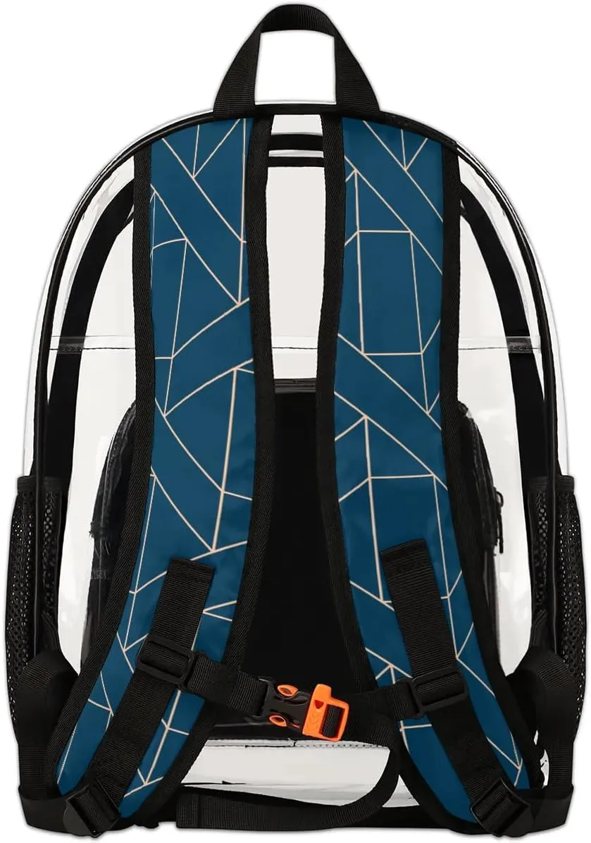 Blue Geometric Clear Backpack Stadium Approved Heavy Duty Transparent Backpack for Women Men Large PVC See Through Bag for Sports Event Concert Festival Work Travel