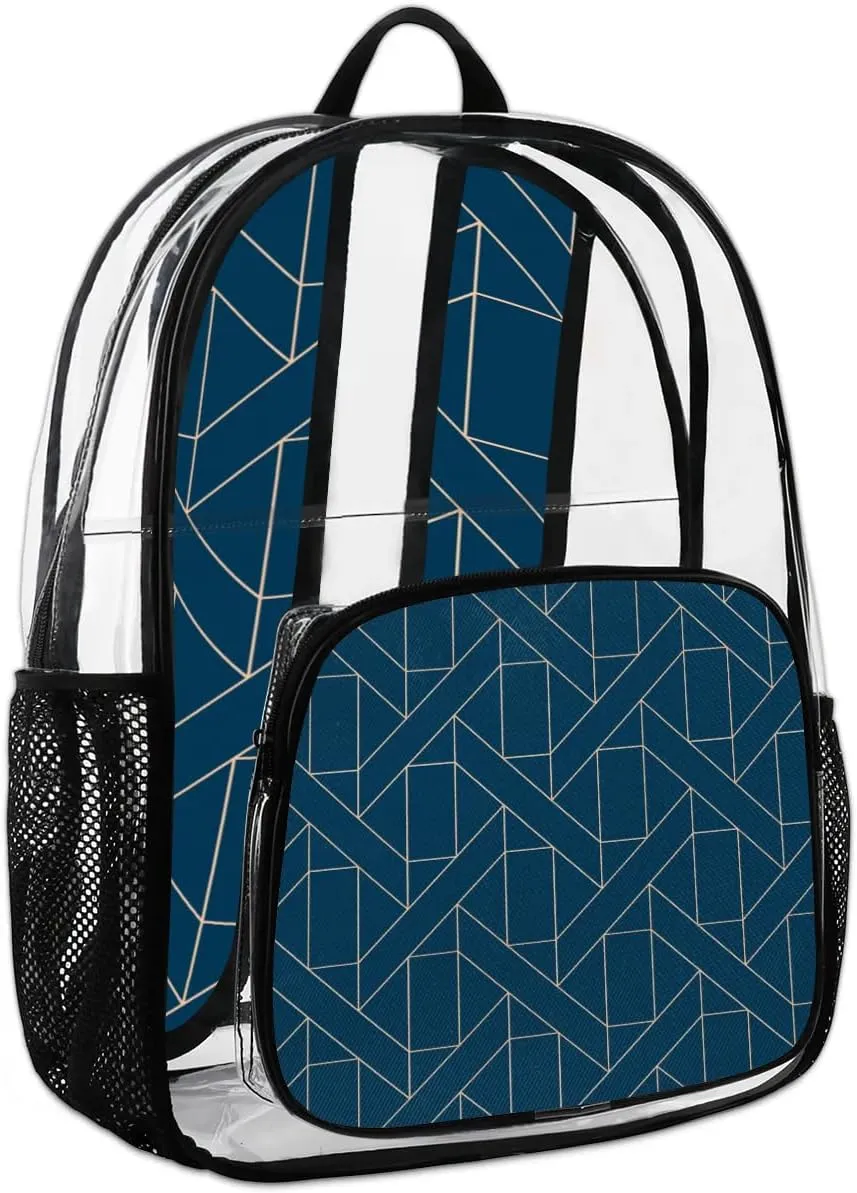 Blue Geometric Clear Backpack Stadium Approved Heavy Duty Transparent Backpack for Women Men Large PVC See Through Bag for Sports Event Concert Festival Work Travel