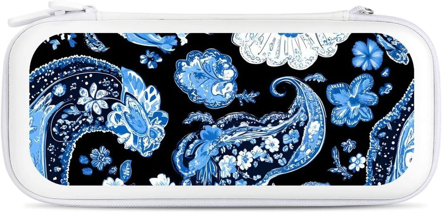 Blue Paisley Pattern Compatible with Switch Carrying Case Hard Travel Game Bag Pouch with 15 Games Accessories