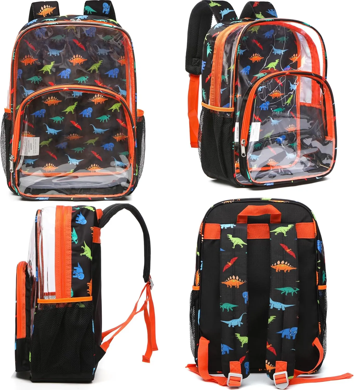 BLUEFAIRY Clear Backpack Heavy Duty Dinosaur Backpack for Boys Large 17" Transparent Bag Stadium Approved See Through Elementary Primary Back to School Bookbag for Kids Black Orange
