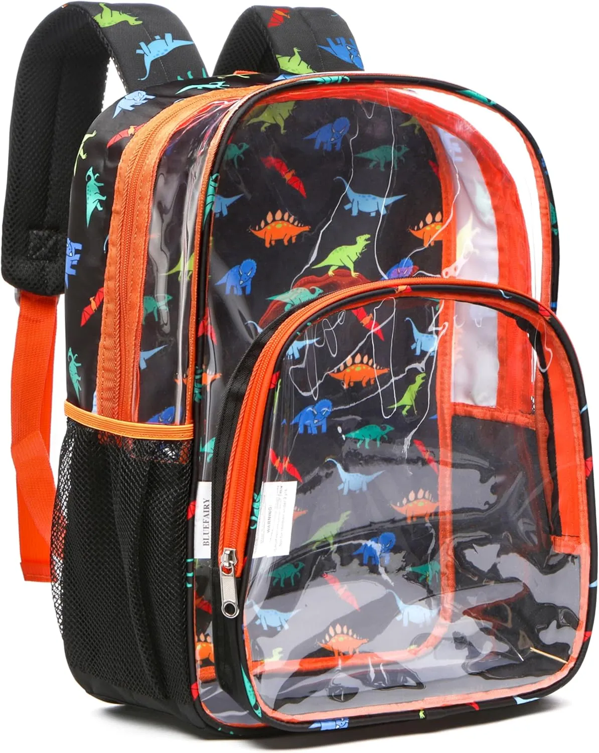BLUEFAIRY Clear Backpack Heavy Duty Dinosaur Backpack for Boys Large 17" Transparent Bag Stadium Approved See Through Elementary Primary Back to School Bookbag for Kids Black Orange