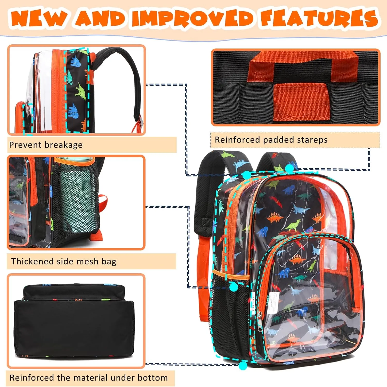 BLUEFAIRY Clear Backpack Heavy Duty Dinosaur Backpack for Boys Large 17" Transparent Bag Stadium Approved See Through Elementary Primary Back to School Bookbag for Kids Black Orange