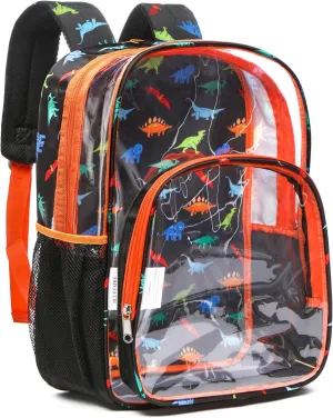 BLUEFAIRY Clear Backpack Heavy Duty Dinosaur Backpack for Boys Large 17" Transparent Bag Stadium Approved See Through Elementary Primary Back to School Bookbag for Kids Black Orange