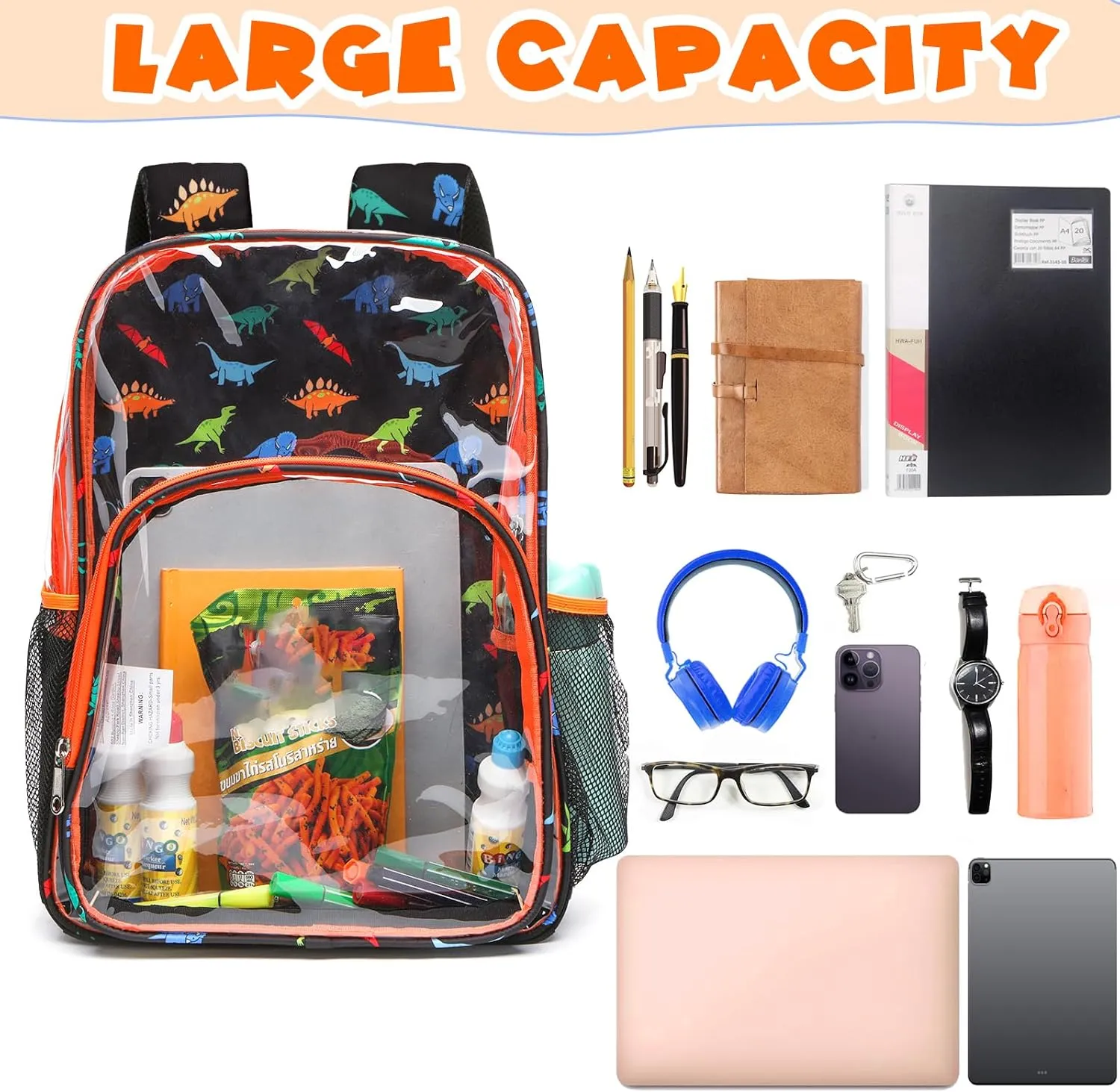 BLUEFAIRY Clear Backpack Heavy Duty Dinosaur Backpack for Boys Large 17" Transparent Bag Stadium Approved See Through Elementary Primary Back to School Bookbag for Kids Black Orange