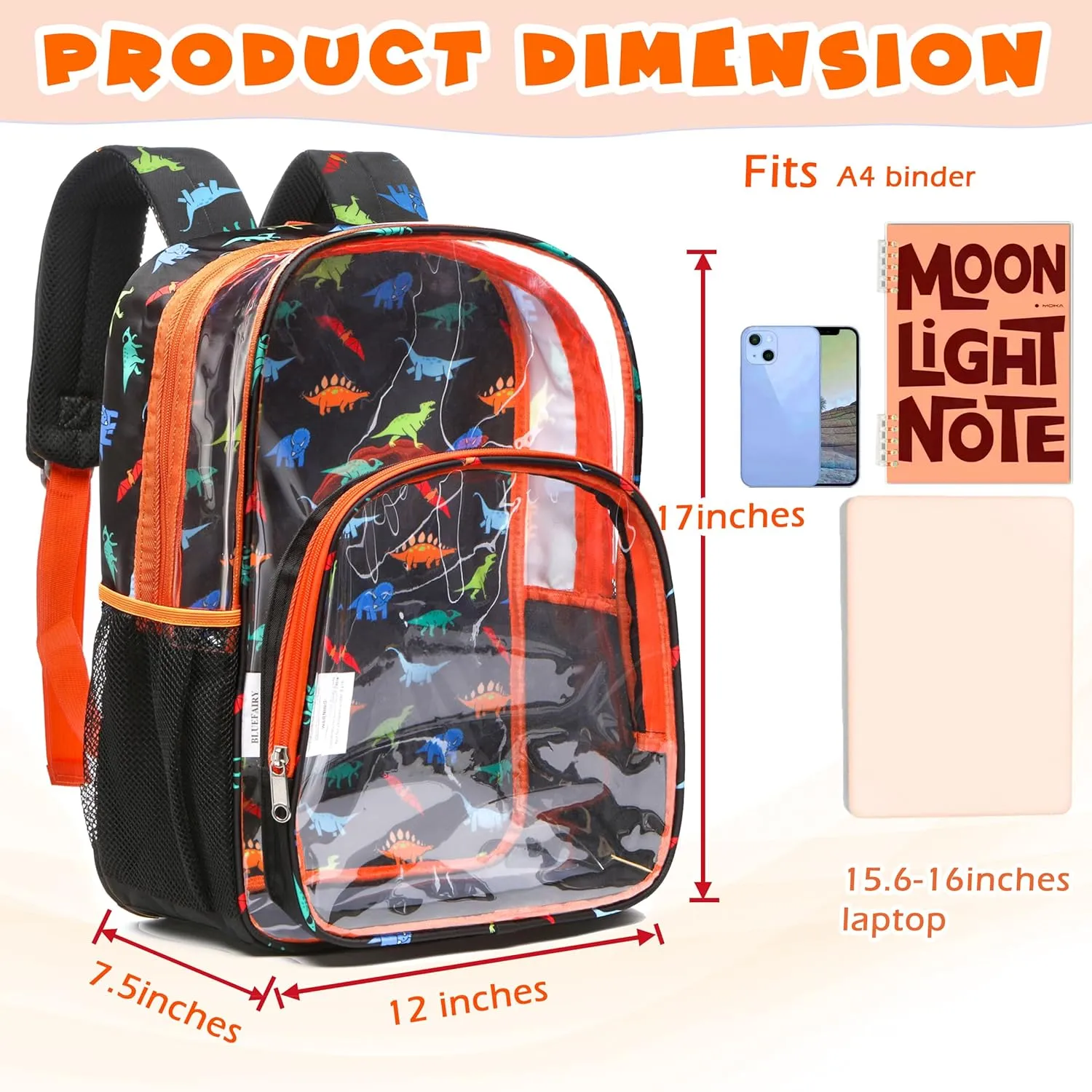 BLUEFAIRY Clear Backpack Heavy Duty Dinosaur Backpack for Boys Large 17" Transparent Bag Stadium Approved See Through Elementary Primary Back to School Bookbag for Kids Black Orange