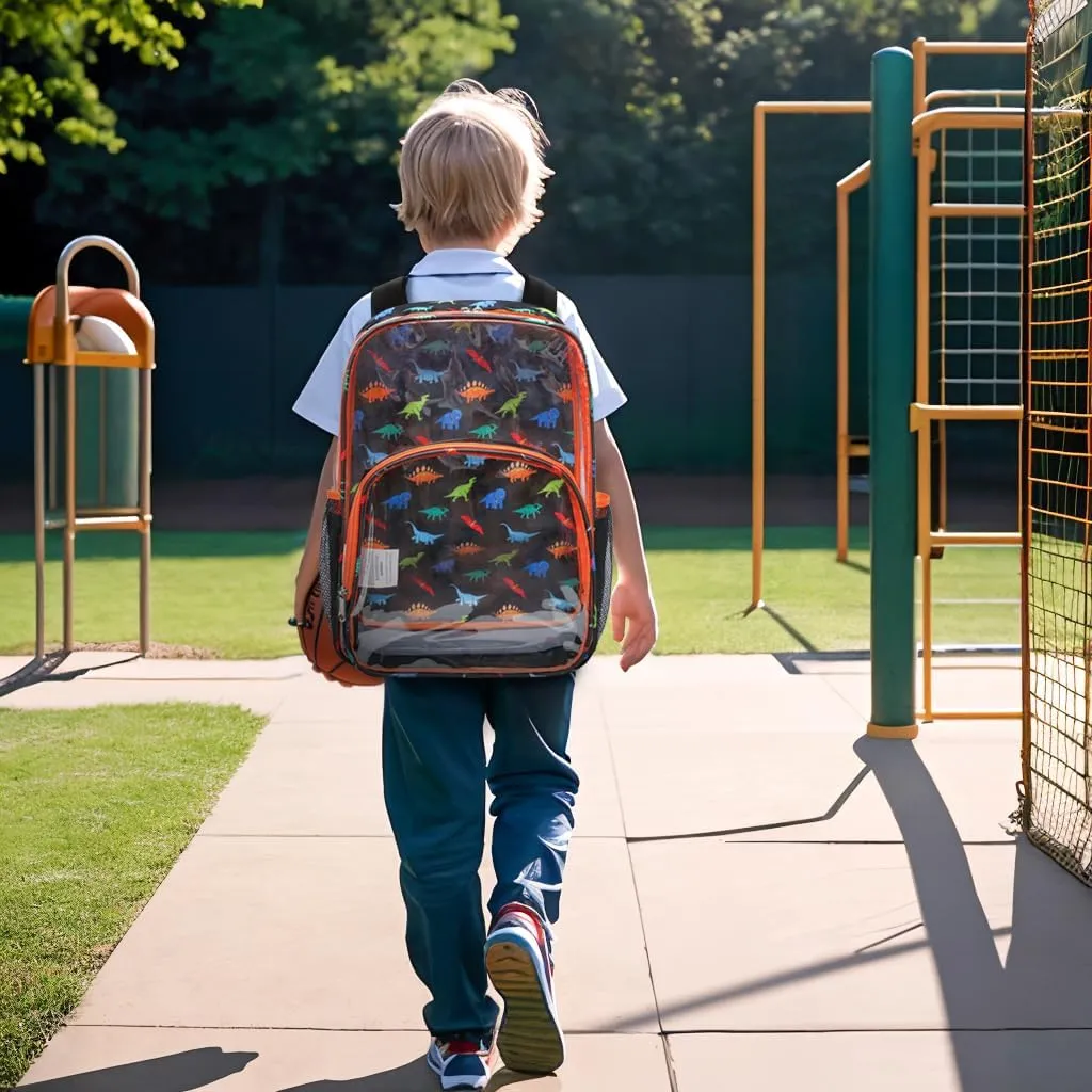 BLUEFAIRY Clear Backpack Heavy Duty Dinosaur Backpack for Boys Large 17" Transparent Bag Stadium Approved See Through Elementary Primary Back to School Bookbag for Kids Black Orange