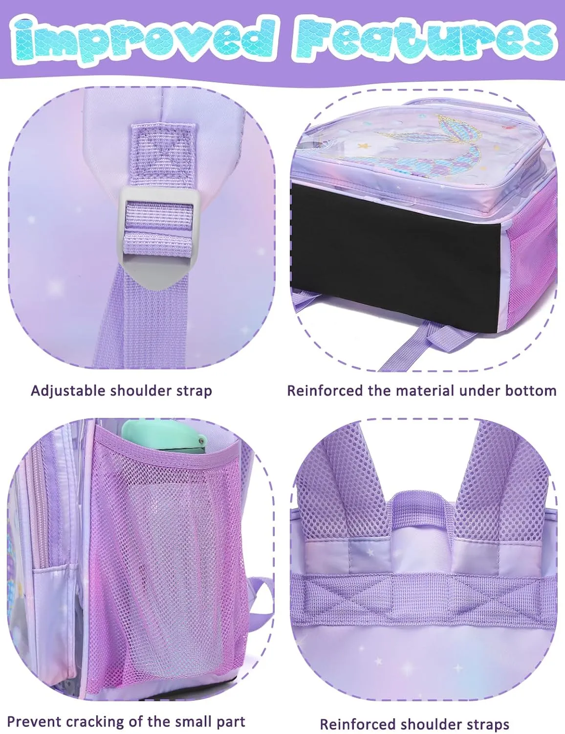 BLUEFAIRY Clear Mermaid Backpack for Girls School Book Bag Stadium Approved Large PVC See Through Bag Heavy Duty Bookbag Transparent Plastic Bag 17" Purple Tail