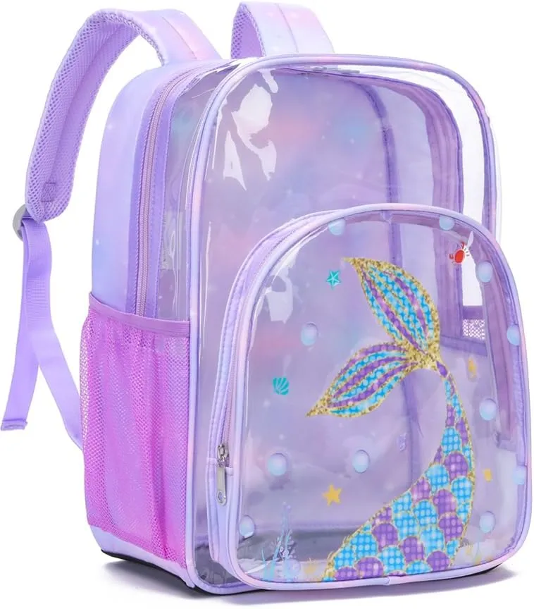 BLUEFAIRY Clear Mermaid Backpack for Girls School Book Bag Stadium Approved Large PVC See Through Bag Heavy Duty Bookbag Transparent Plastic Bag 17" Purple Tail