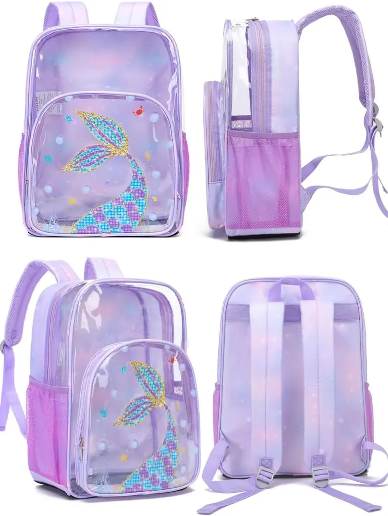 BLUEFAIRY Clear Mermaid Backpack for Girls School Book Bag Stadium Approved Large PVC See Through Bag Heavy Duty Bookbag Transparent Plastic Bag 17" Purple Tail