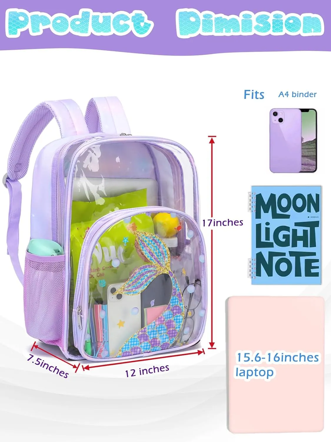 BLUEFAIRY Clear Mermaid Backpack for Girls School Book Bag Stadium Approved Large PVC See Through Bag Heavy Duty Bookbag Transparent Plastic Bag 17" Purple Tail