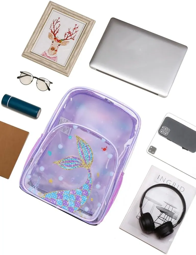 BLUEFAIRY Clear Mermaid Backpack for Girls School Book Bag Stadium Approved Large PVC See Through Bag Heavy Duty Bookbag Transparent Plastic Bag 17" Purple Tail