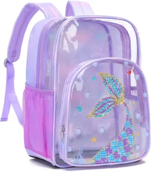 BLUEFAIRY Clear Mermaid Backpack for Girls School Book Bag Stadium Approved Large PVC See Through Bag Heavy Duty Bookbag Transparent Plastic Bag 17" Purple Tail