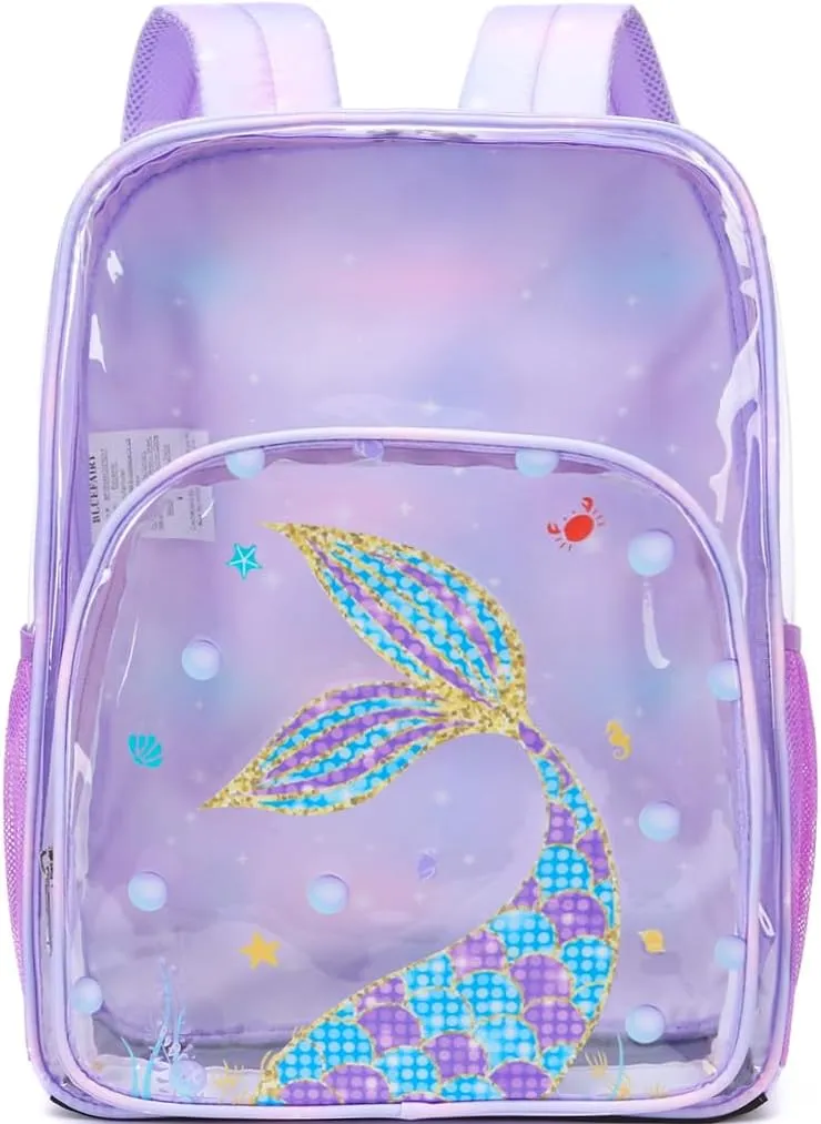 BLUEFAIRY Clear Mermaid Backpack for Girls School Book Bag Stadium Approved Large PVC See Through Bag Heavy Duty Bookbag Transparent Plastic Bag 17" Purple Tail