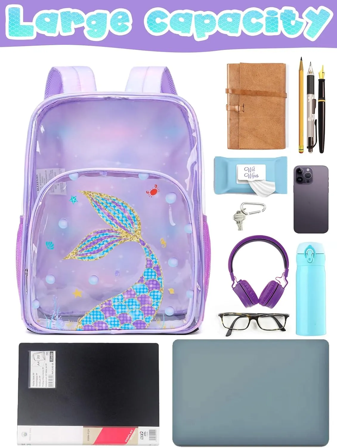 BLUEFAIRY Clear Mermaid Backpack for Girls School Book Bag Stadium Approved Large PVC See Through Bag Heavy Duty Bookbag Transparent Plastic Bag 17" Purple Tail