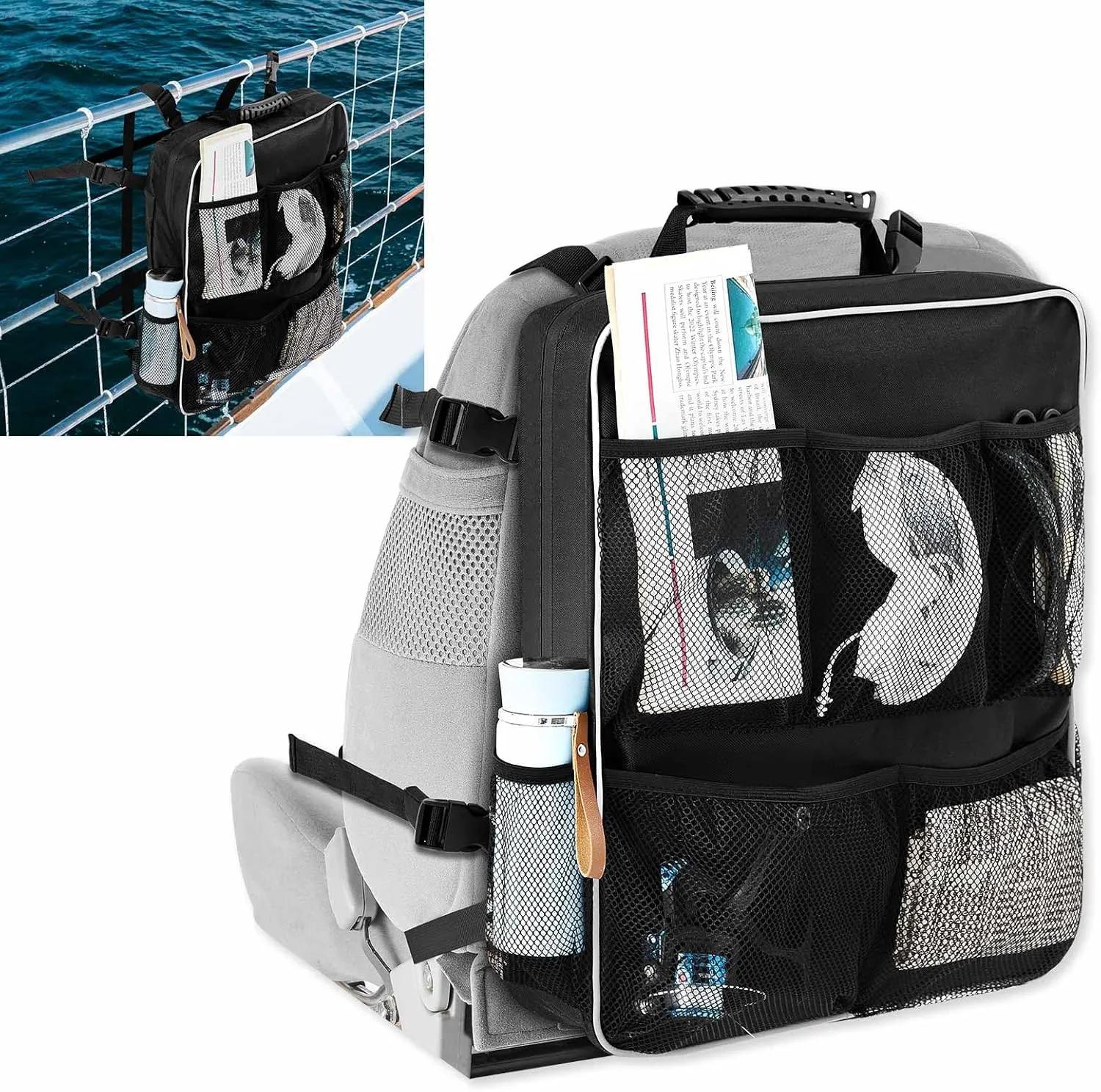 Boat Seat Backpack Boat Backseat Storage Organizer with Mesh Pockets, Handle and Adjustable Back Belt, Waterproof Boat Storage Bag for Swimsuit Boating Accessories, Black