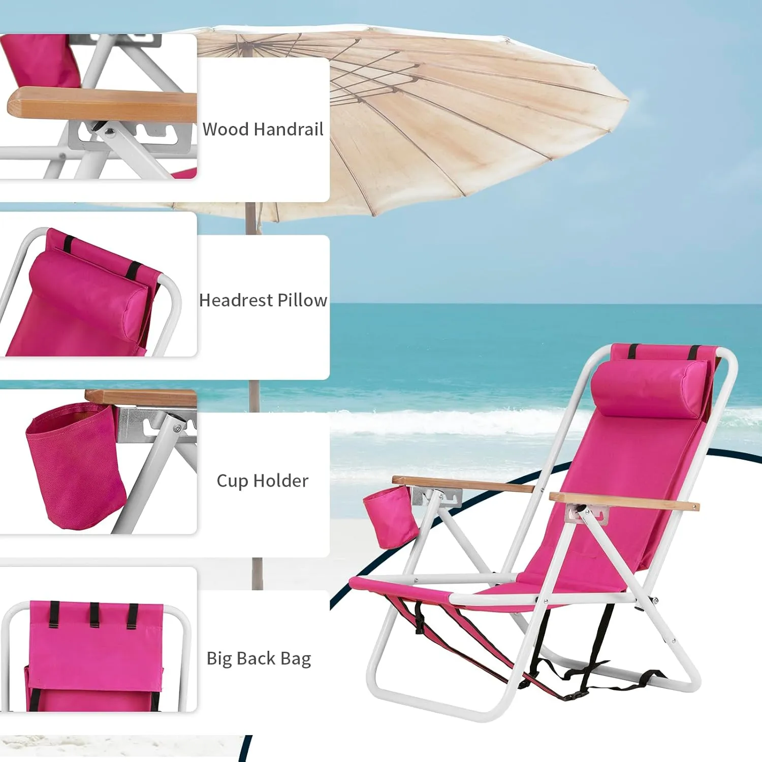 Bonnlo Backpack Carry Chair Set of 2 w/Cup Holder, Portable Foldable 4-Position Reclining, Heavy-Duty Camping Chair Supports 265 lbs (120 kg) for Beach Lawn Concert Fishing （Barbie Pink）