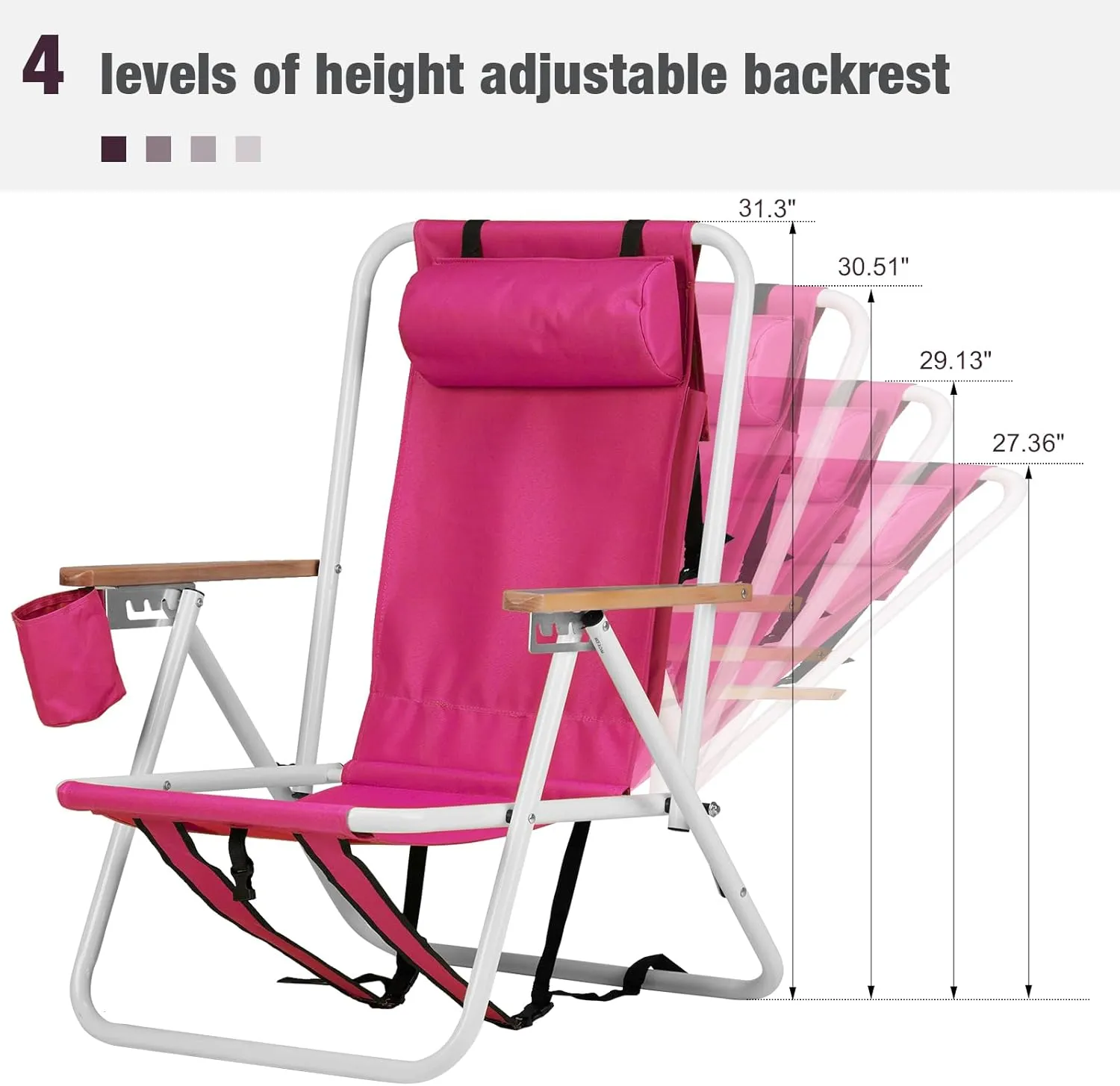 Bonnlo Backpack Carry Chair Set of 2 w/Cup Holder, Portable Foldable 4-Position Reclining, Heavy-Duty Camping Chair Supports 265 lbs (120 kg) for Beach Lawn Concert Fishing （Barbie Pink）