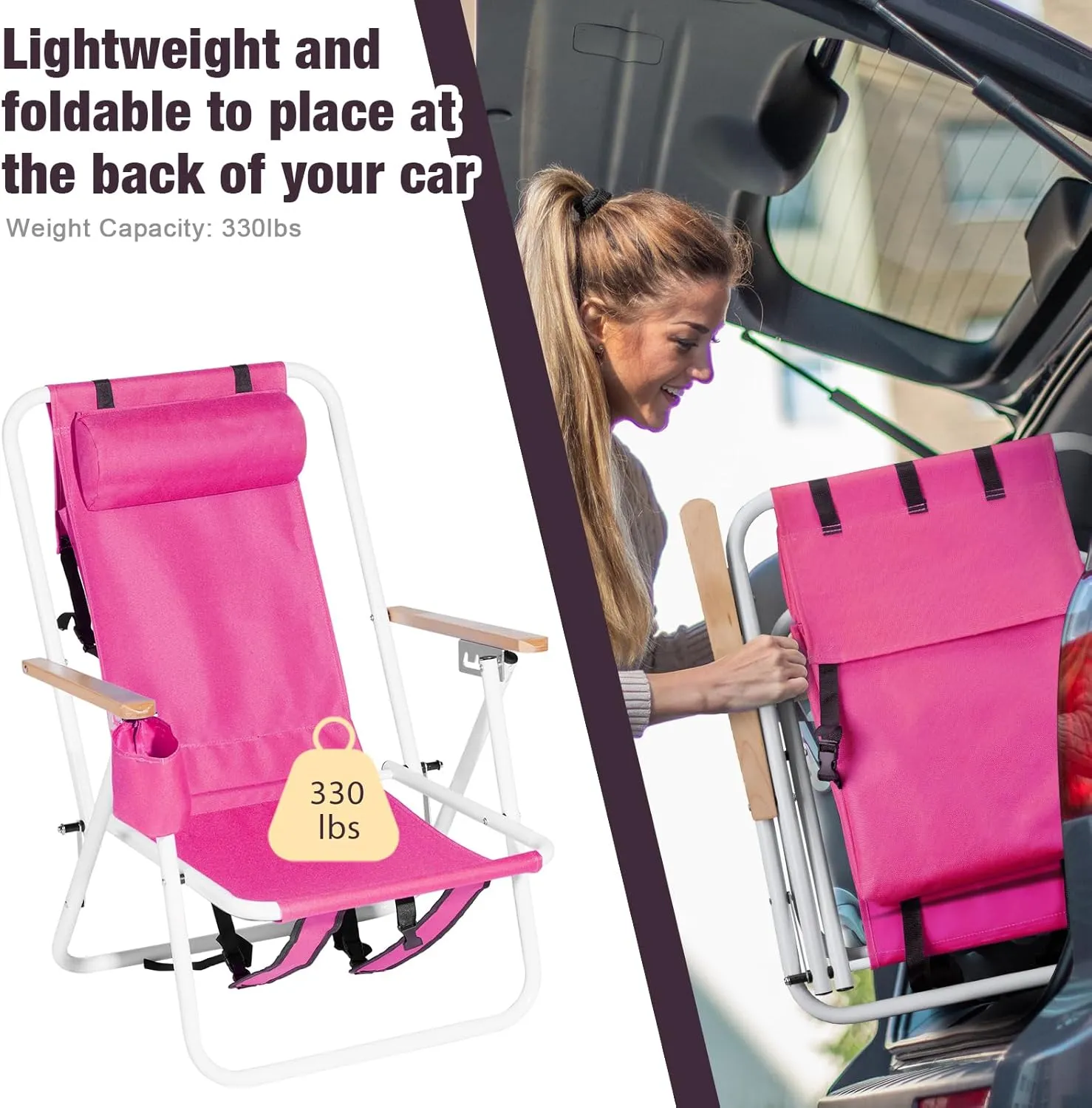 Bonnlo Backpack Carry Chair Set of 2 w/Cup Holder, Portable Foldable 4-Position Reclining, Heavy-Duty Camping Chair Supports 265 lbs (120 kg) for Beach Lawn Concert Fishing （Barbie Pink）