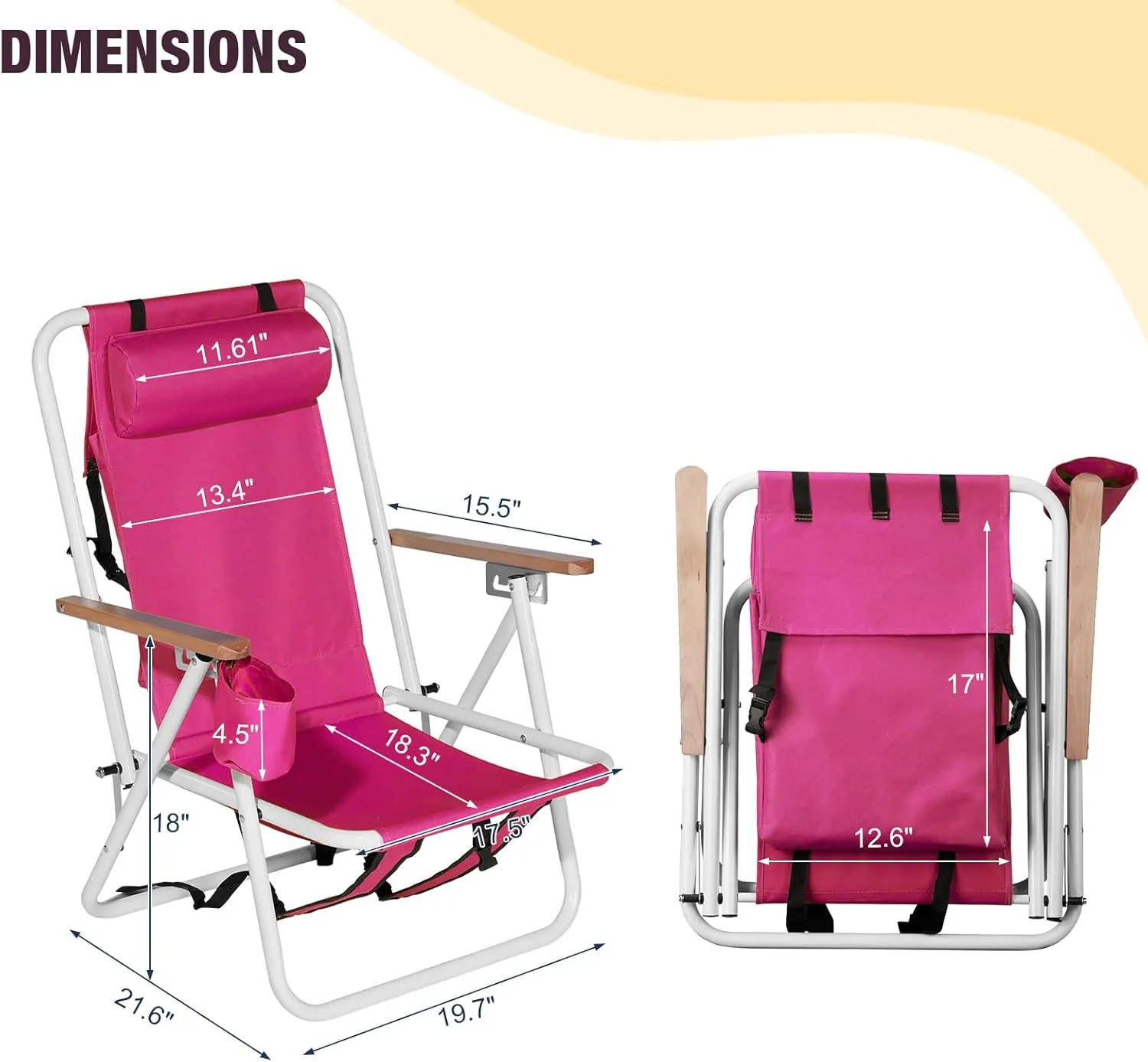 Bonnlo Backpack Carry Chair Set of 2 w/Cup Holder, Portable Foldable 4-Position Reclining, Heavy-Duty Camping Chair Supports 265 lbs (120 kg) for Beach Lawn Concert Fishing （Barbie Pink）