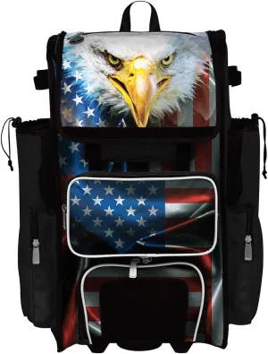 Boombah Rolling Superpack 2.0 Baseball/Softball Gear Bag - 23-1/2" x 13-1/2" x 9-1/2" - USA Eagle Black/Red/White - Telescopic Handle - Holds 4 Bats - Wheeled Version